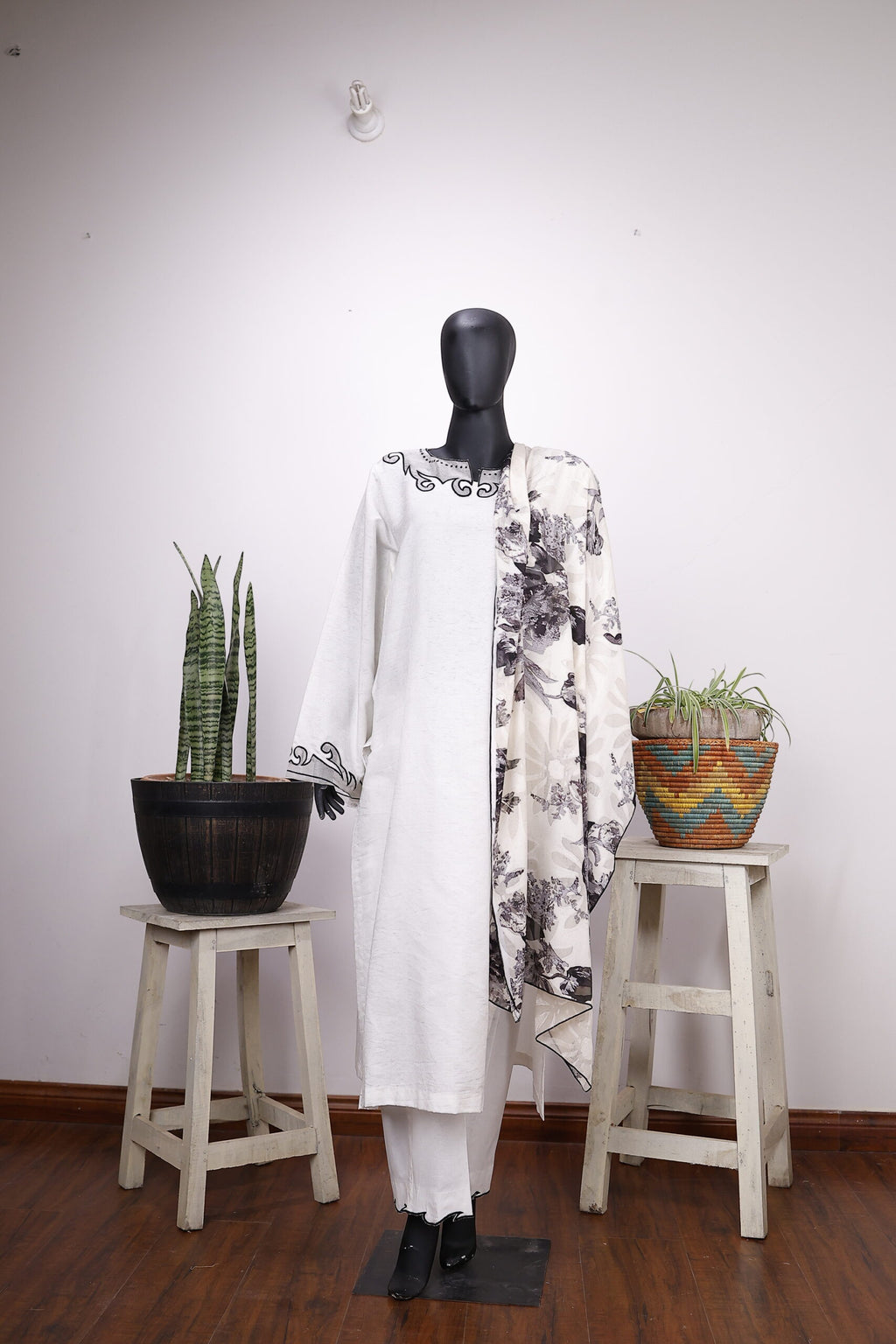 White three-piece outfit with Black Embroidery