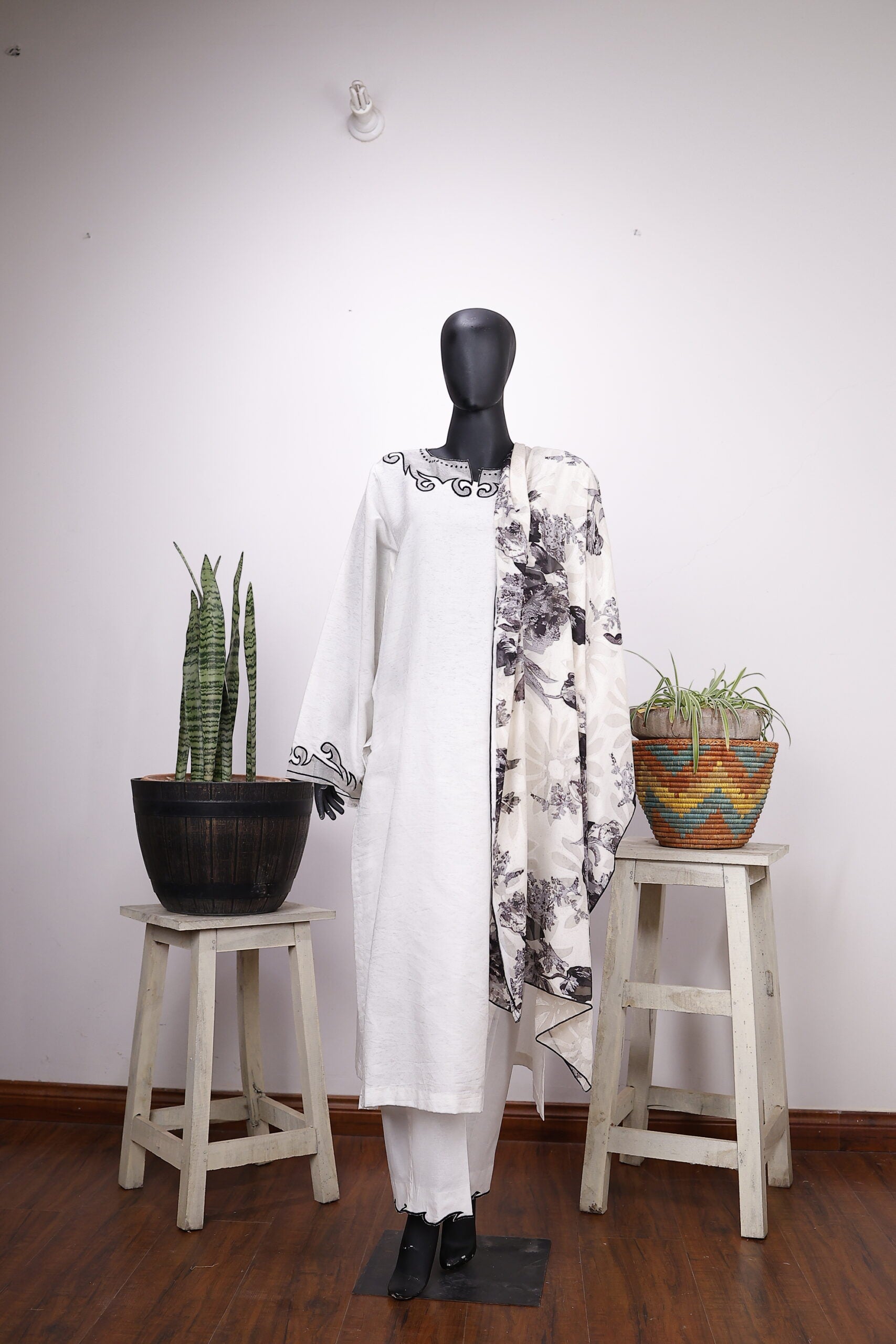 White three-piece outfit with Black Embroidery