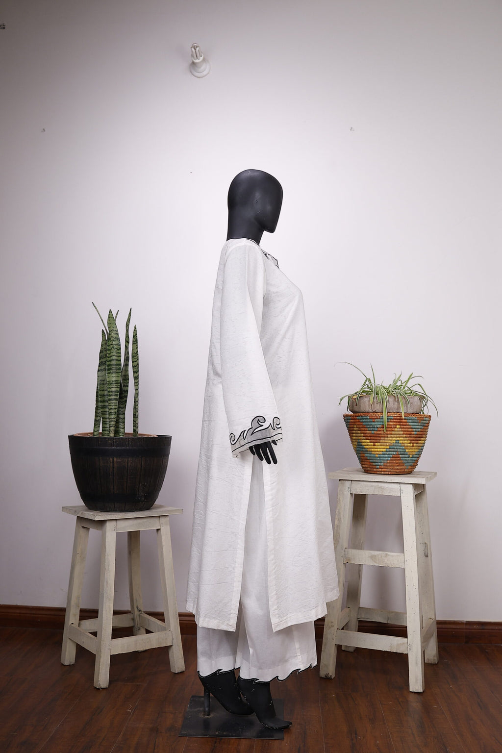 White three-piece outfit with Black Embroidery
