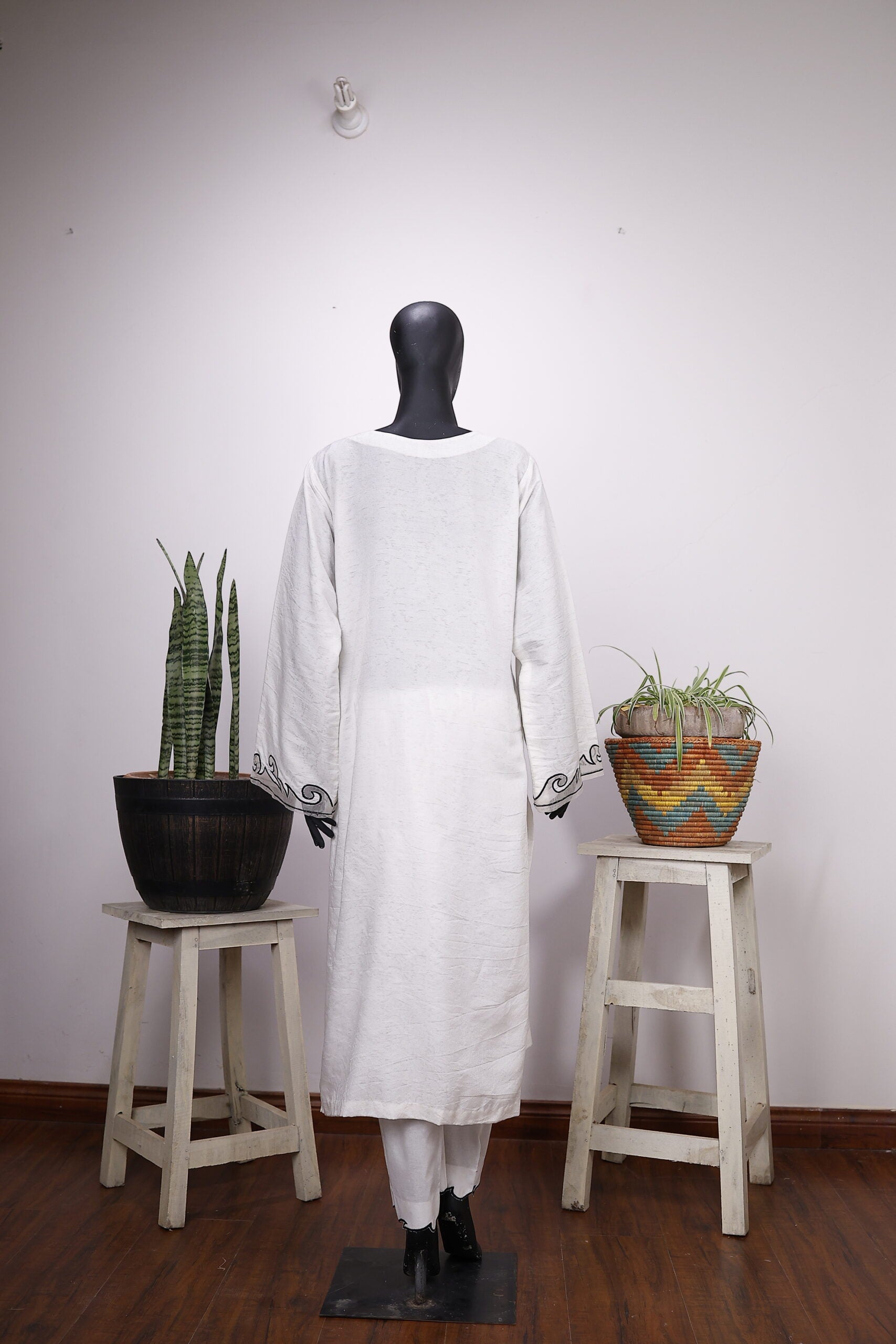 White three-piece outfit with Black Embroidery