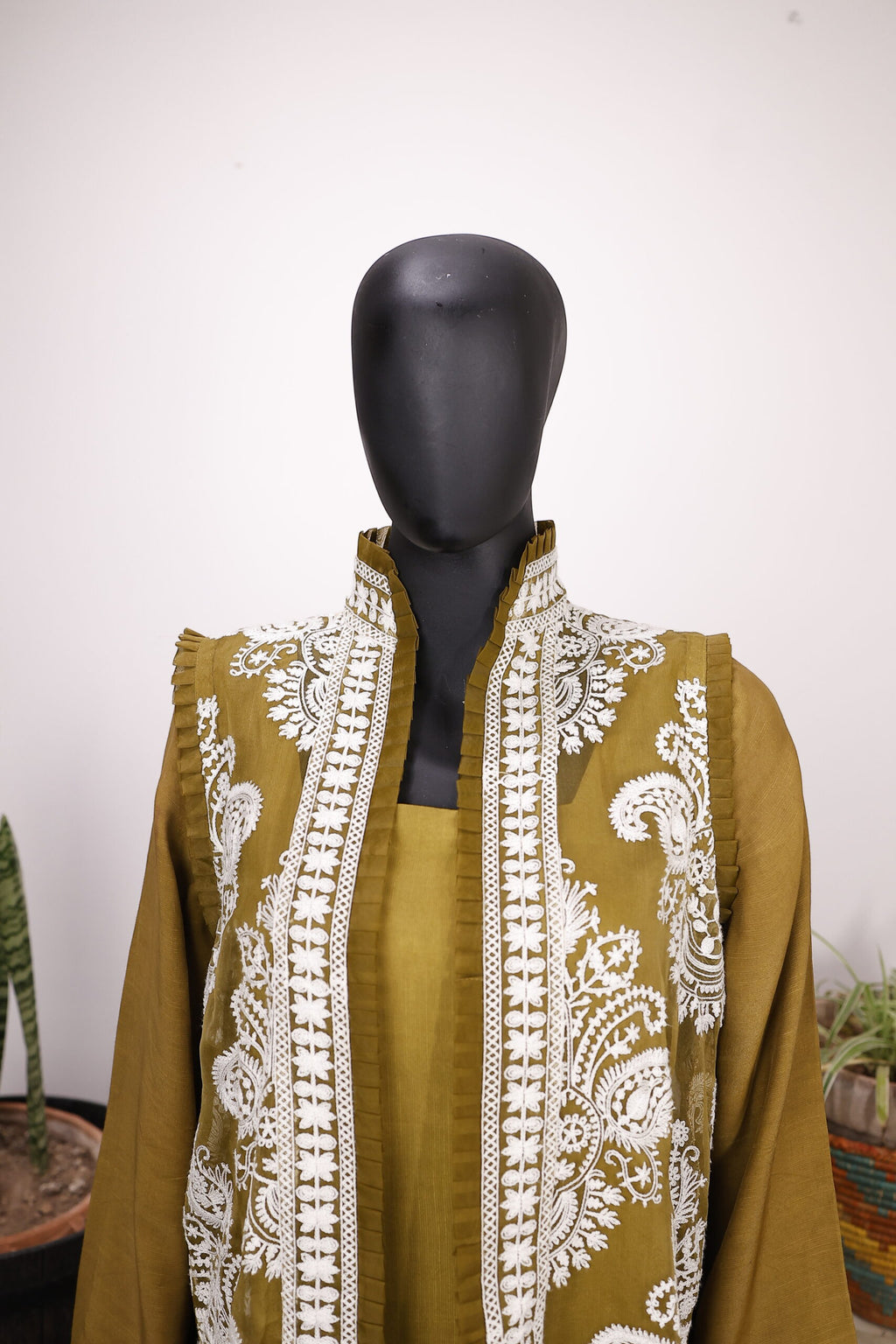 Mehndi Green & White Sleeveless Gown