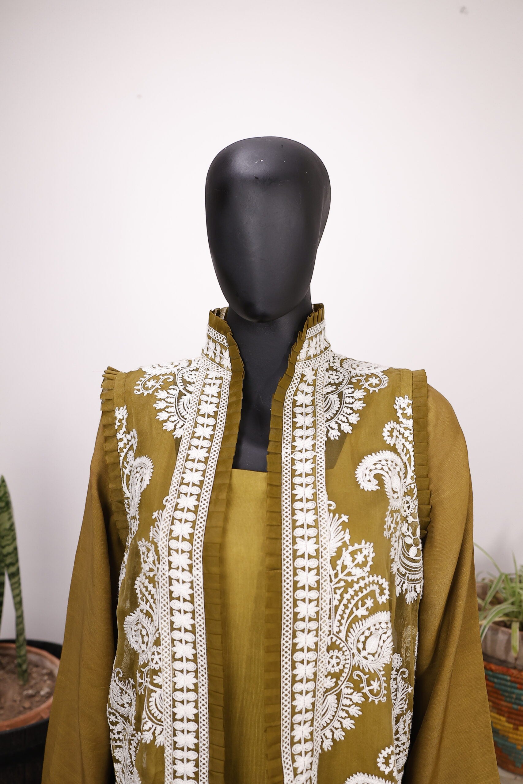 Mehndi Green & White Sleeveless Gown