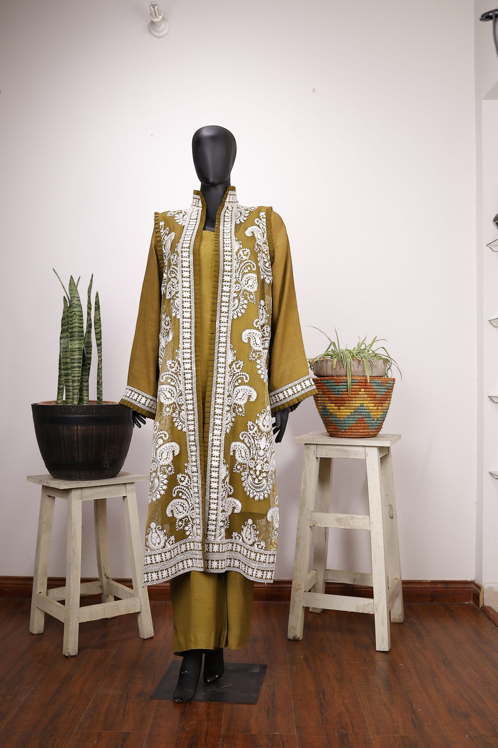 Mehndi Green & White Sleeveless Gown