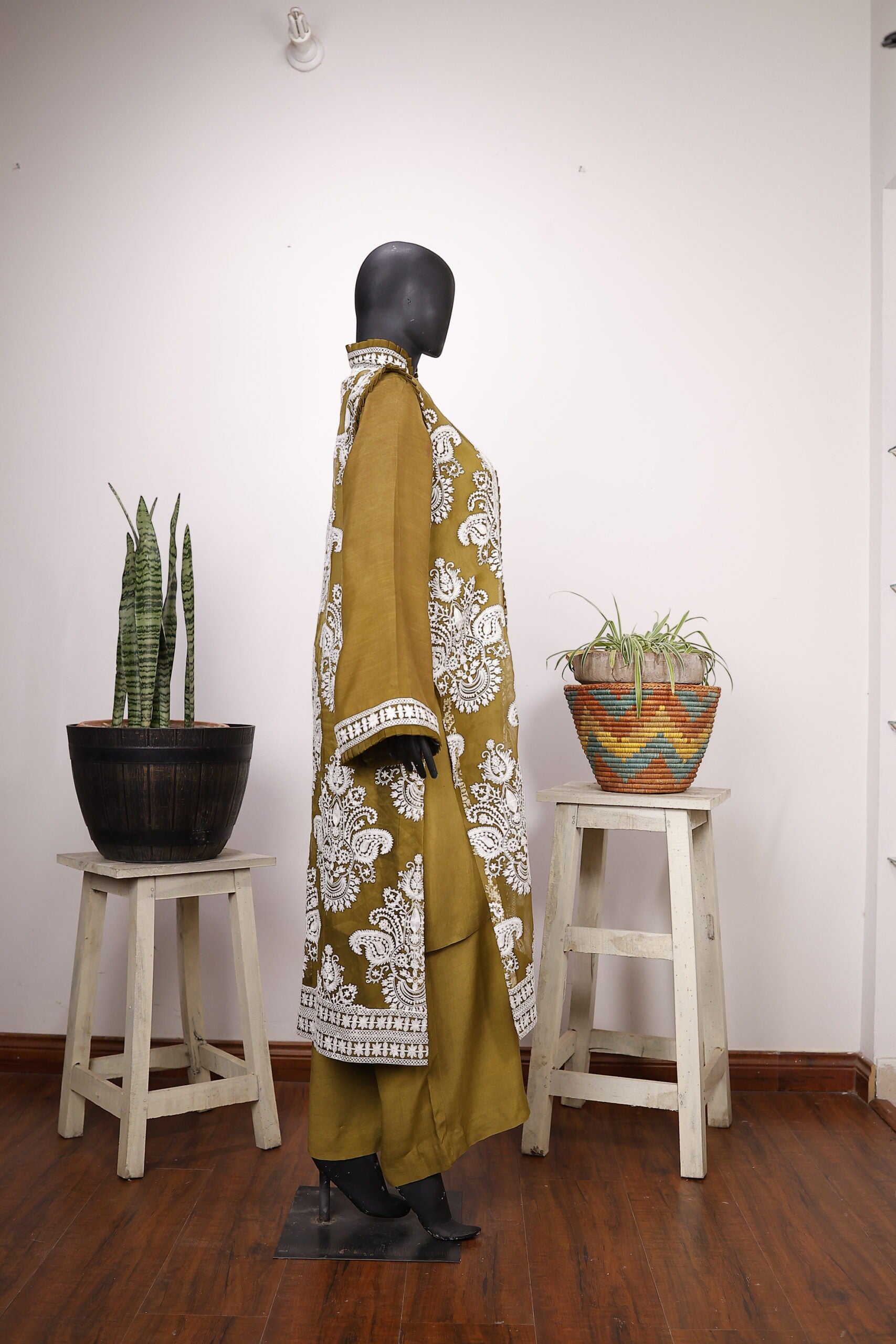 Mehndi Green & White Sleeveless Gown