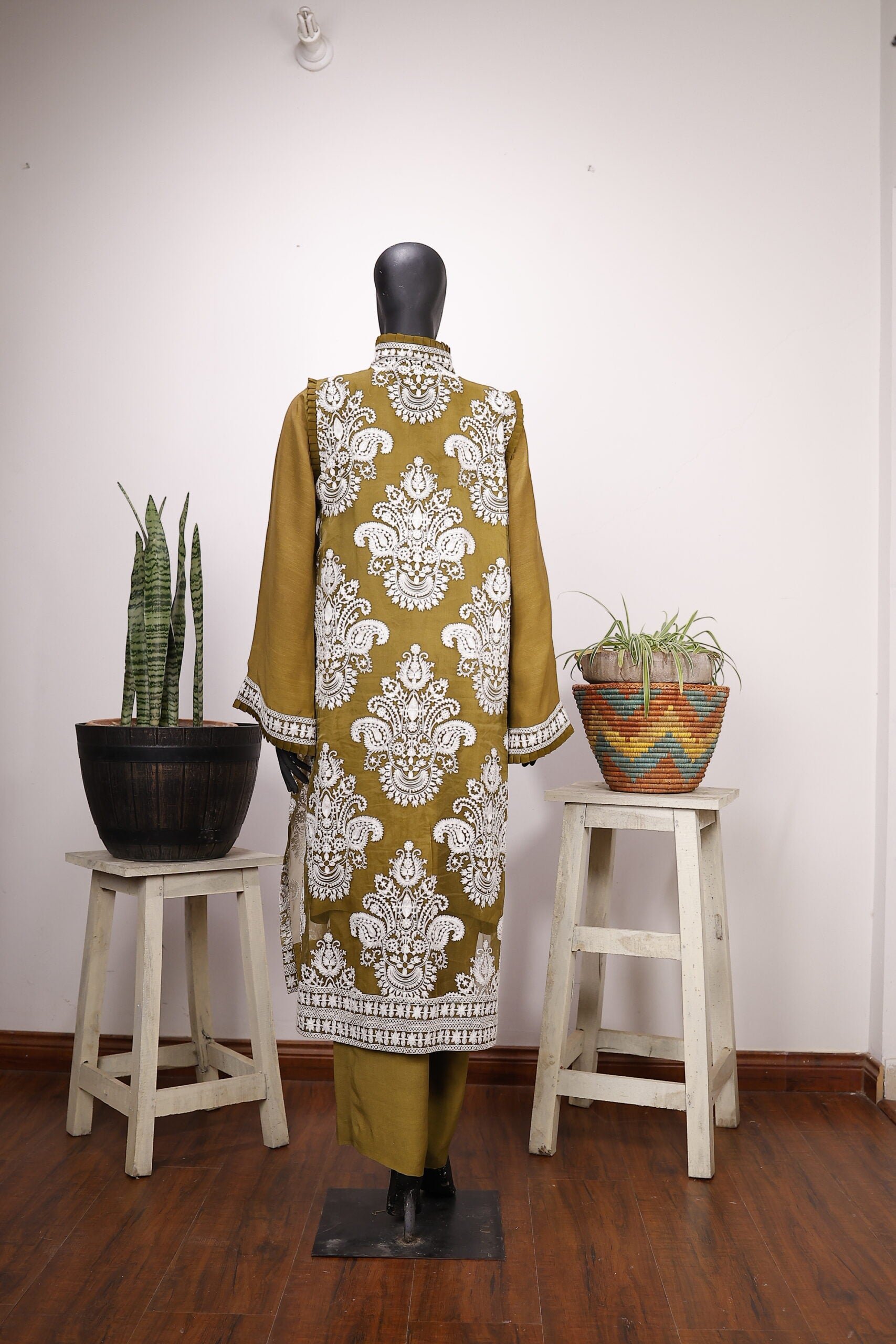 Mehndi Green & White Sleeveless Gown