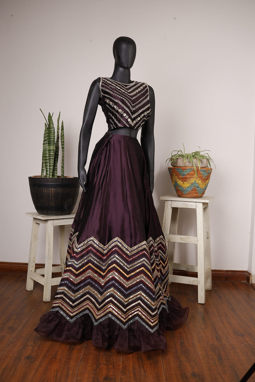 FOR-0009-Deep Plum Gown with Chevron Embroidery