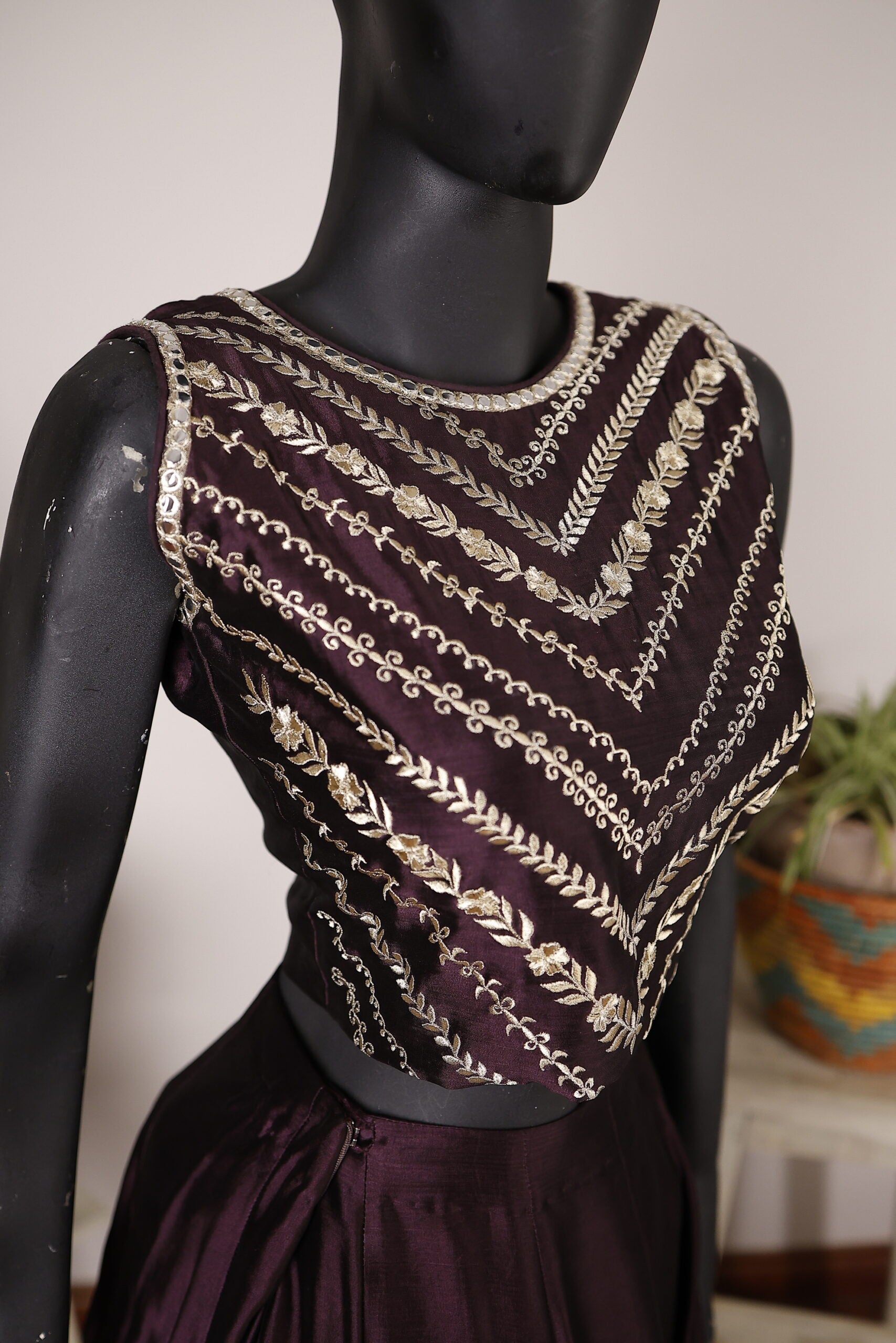 FOR-0009-Deep Plum Gown with Chevron Embroidery