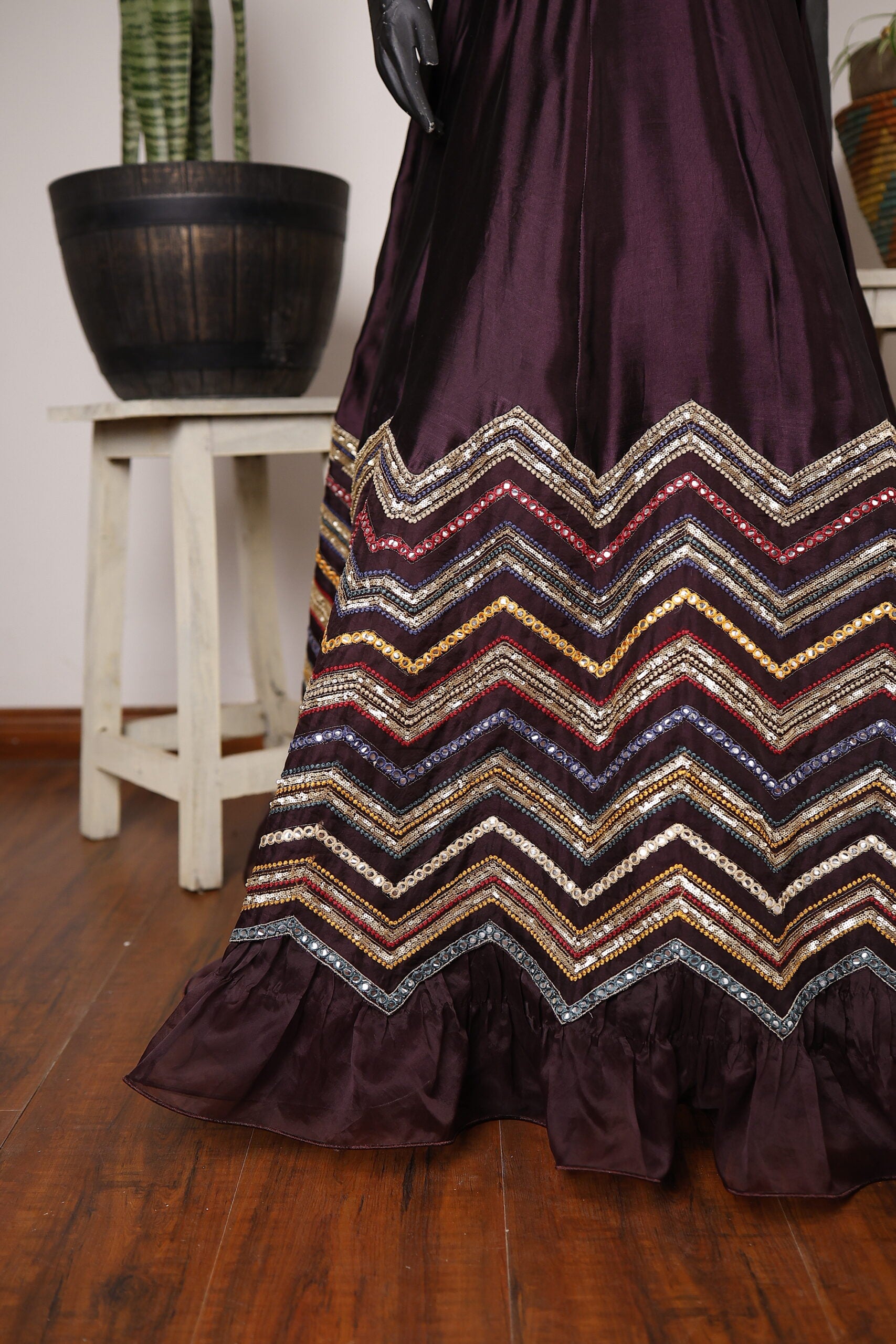 FOR-0009-Deep Plum Gown with Chevron Embroidery