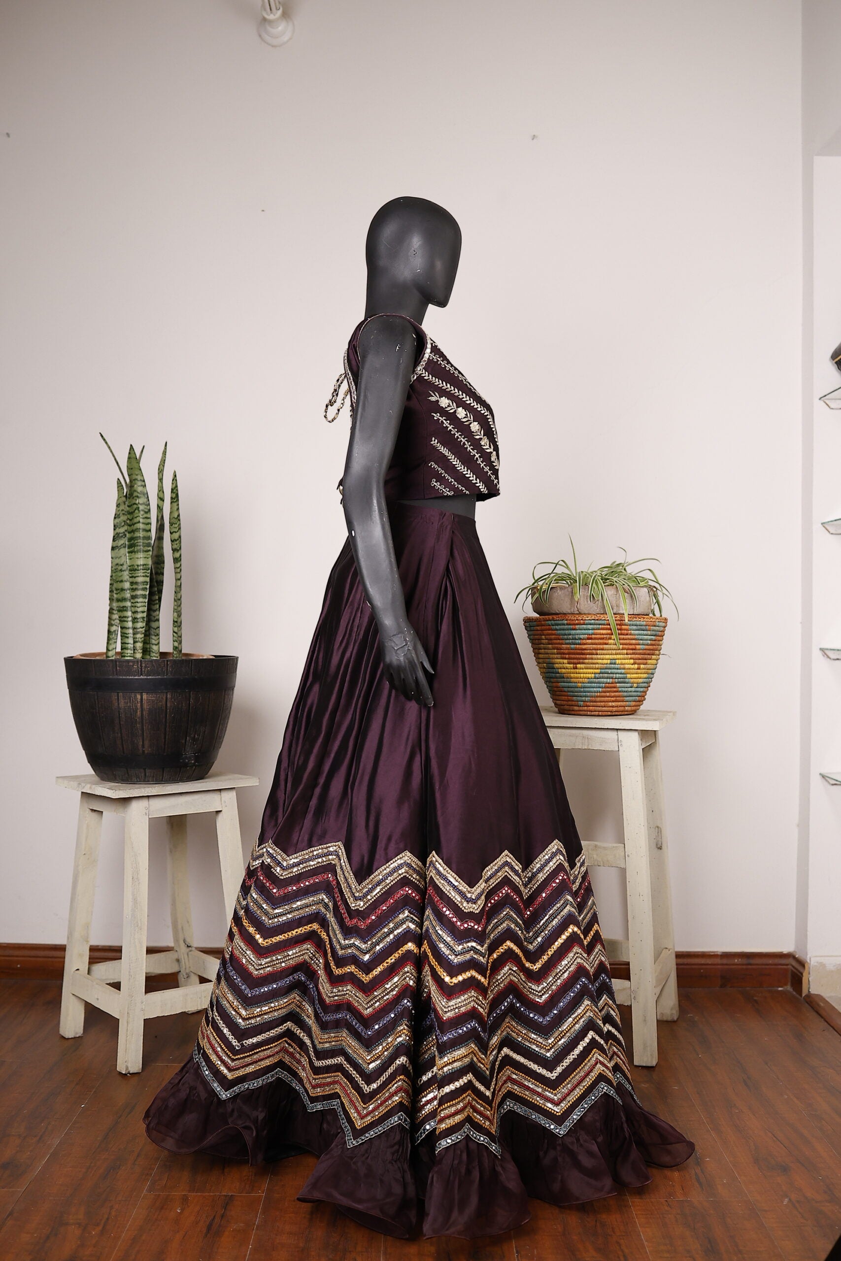 FOR-0009-Deep Plum Gown with Chevron Embroidery