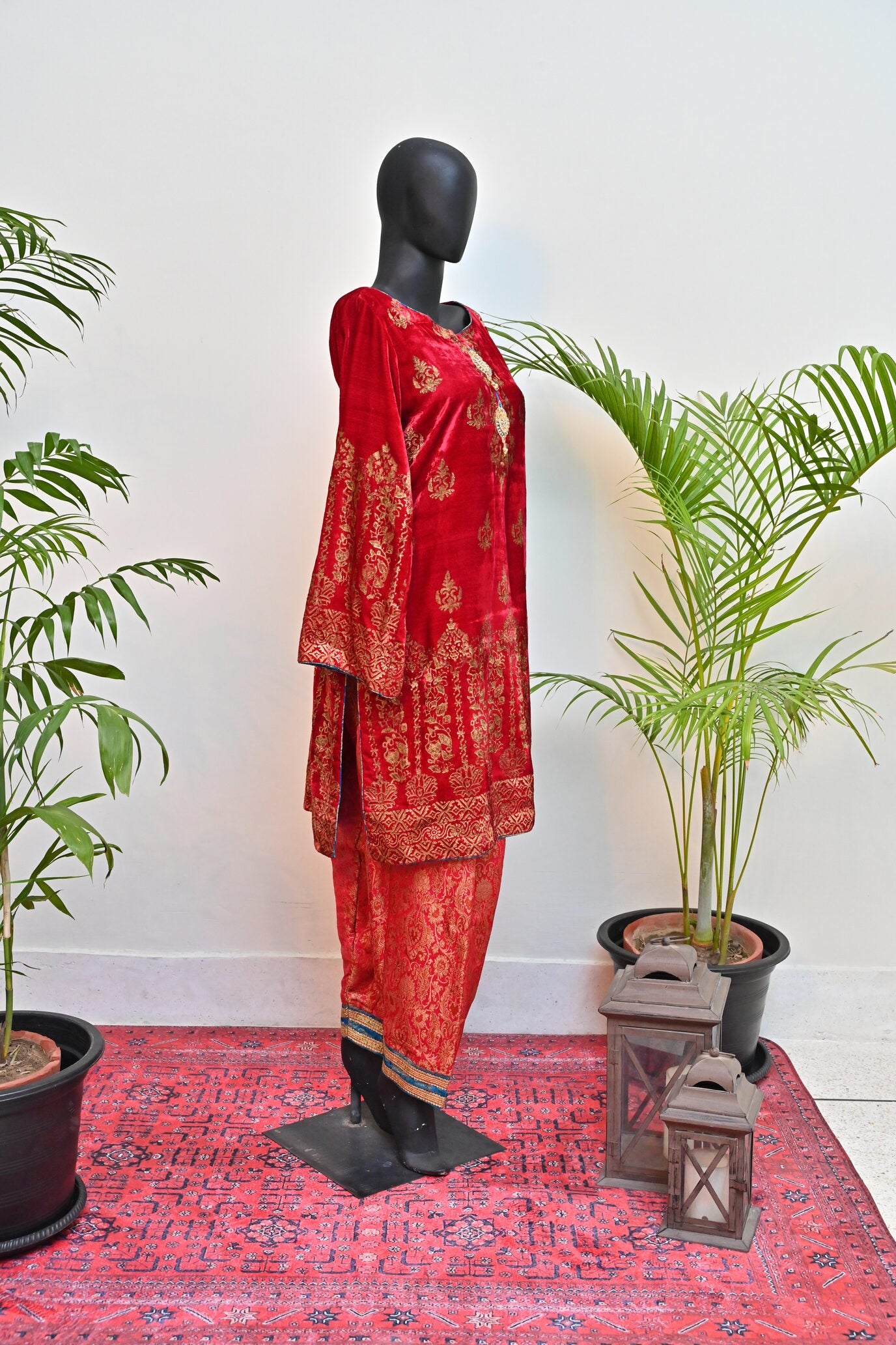 Red velvet and jamawar outfit