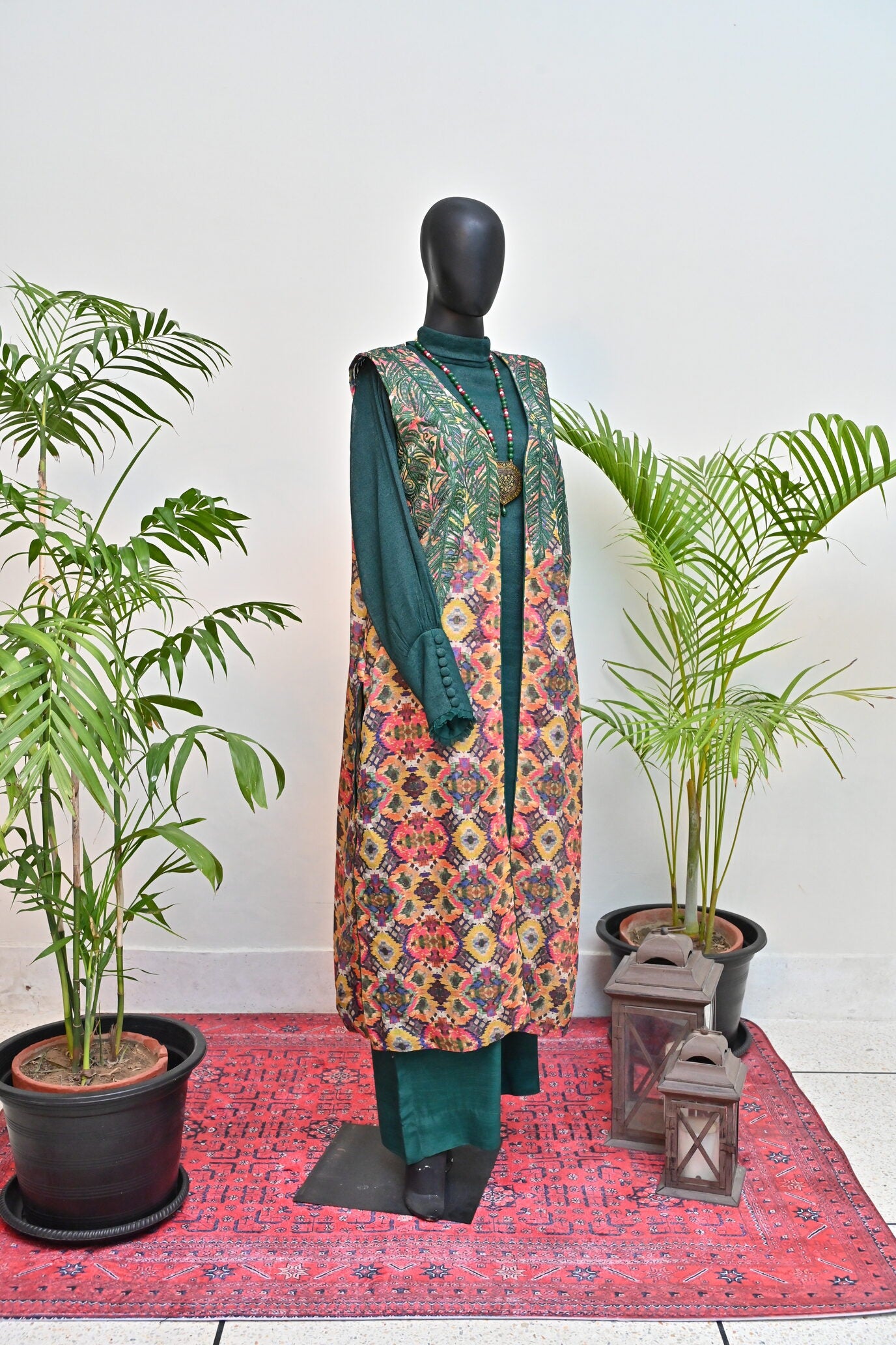 Printed yellow Gown with Green outfit