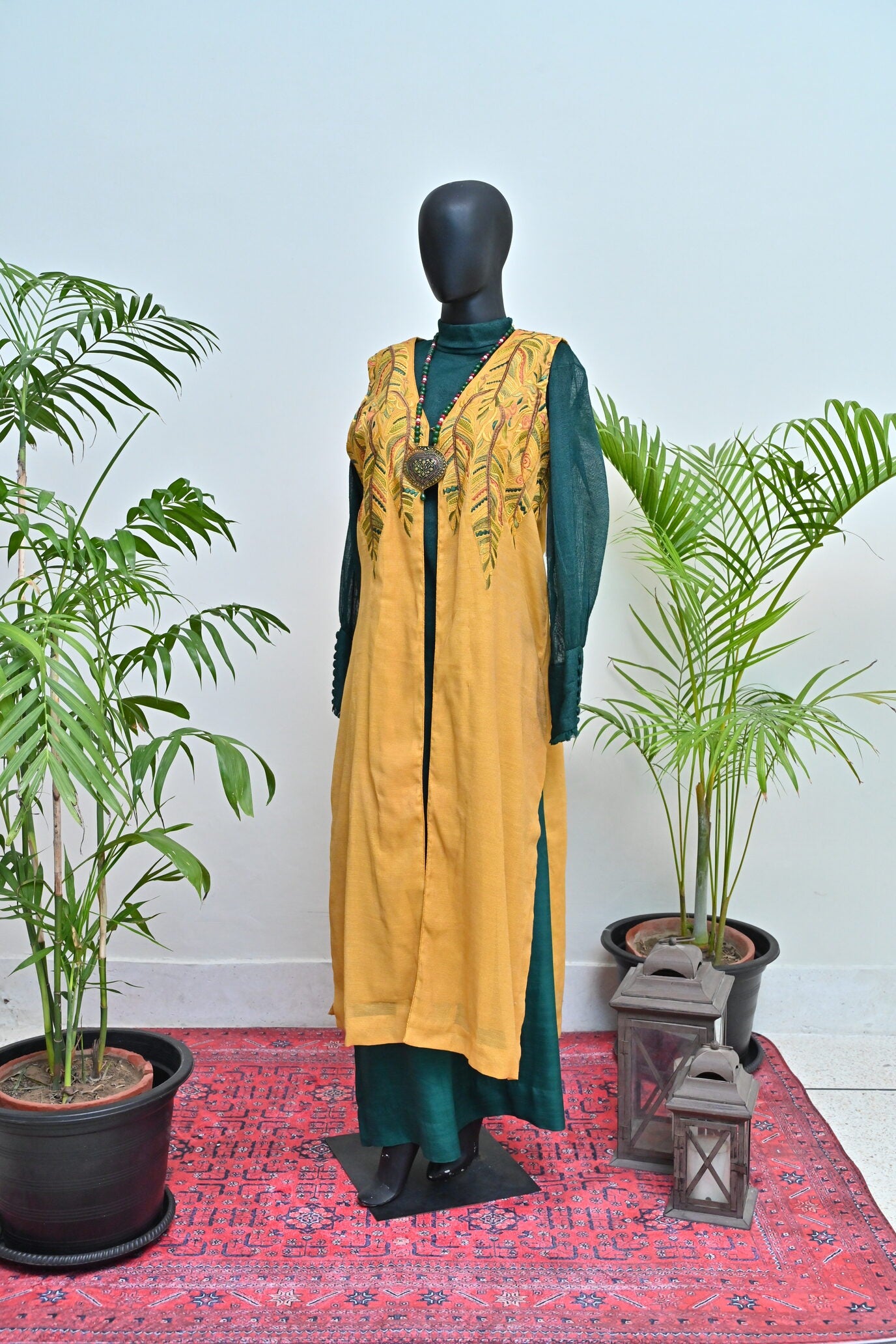 Mustard Embroided Gown with Green Outfit