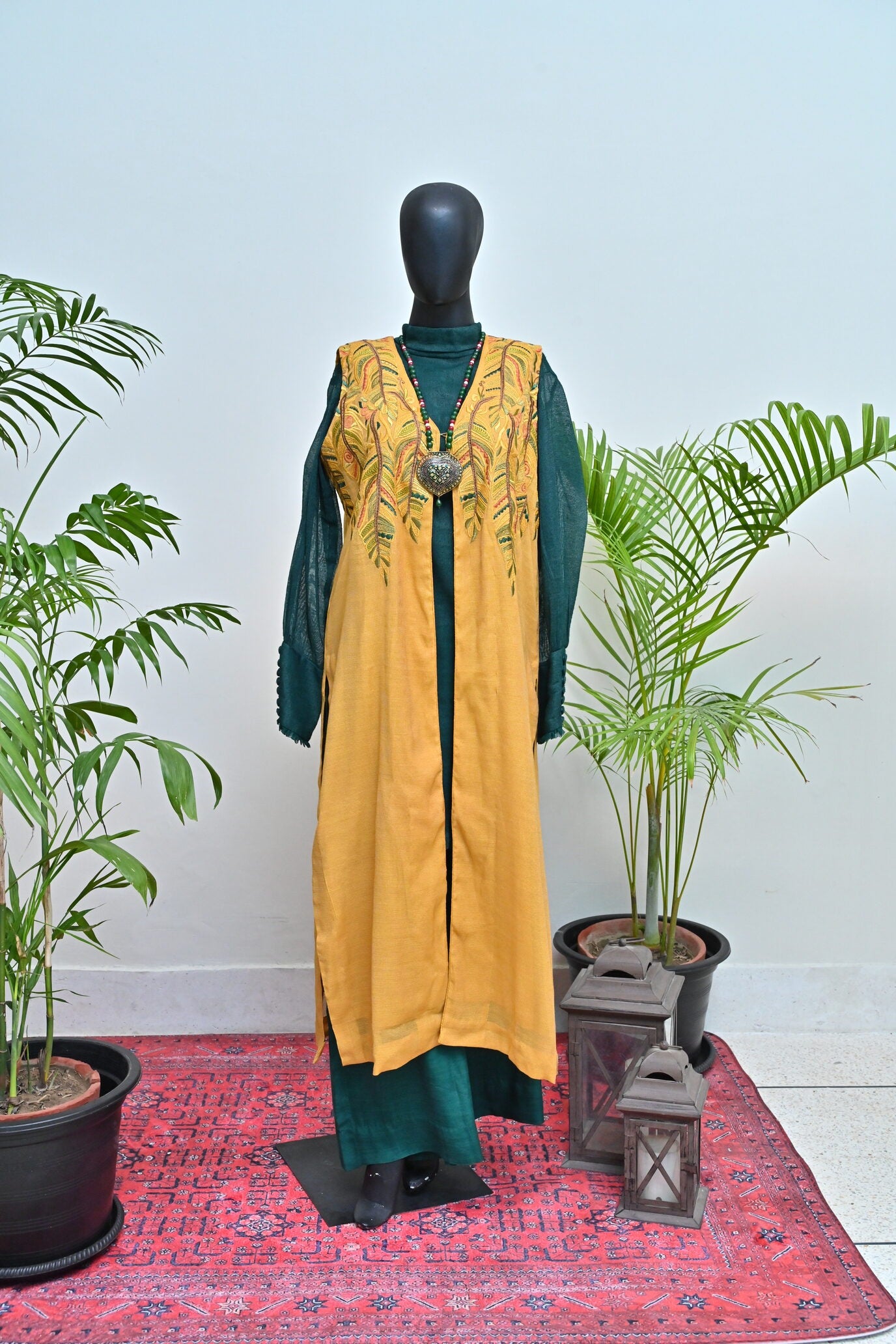 Mustard Embroided Gown with Green Outfit