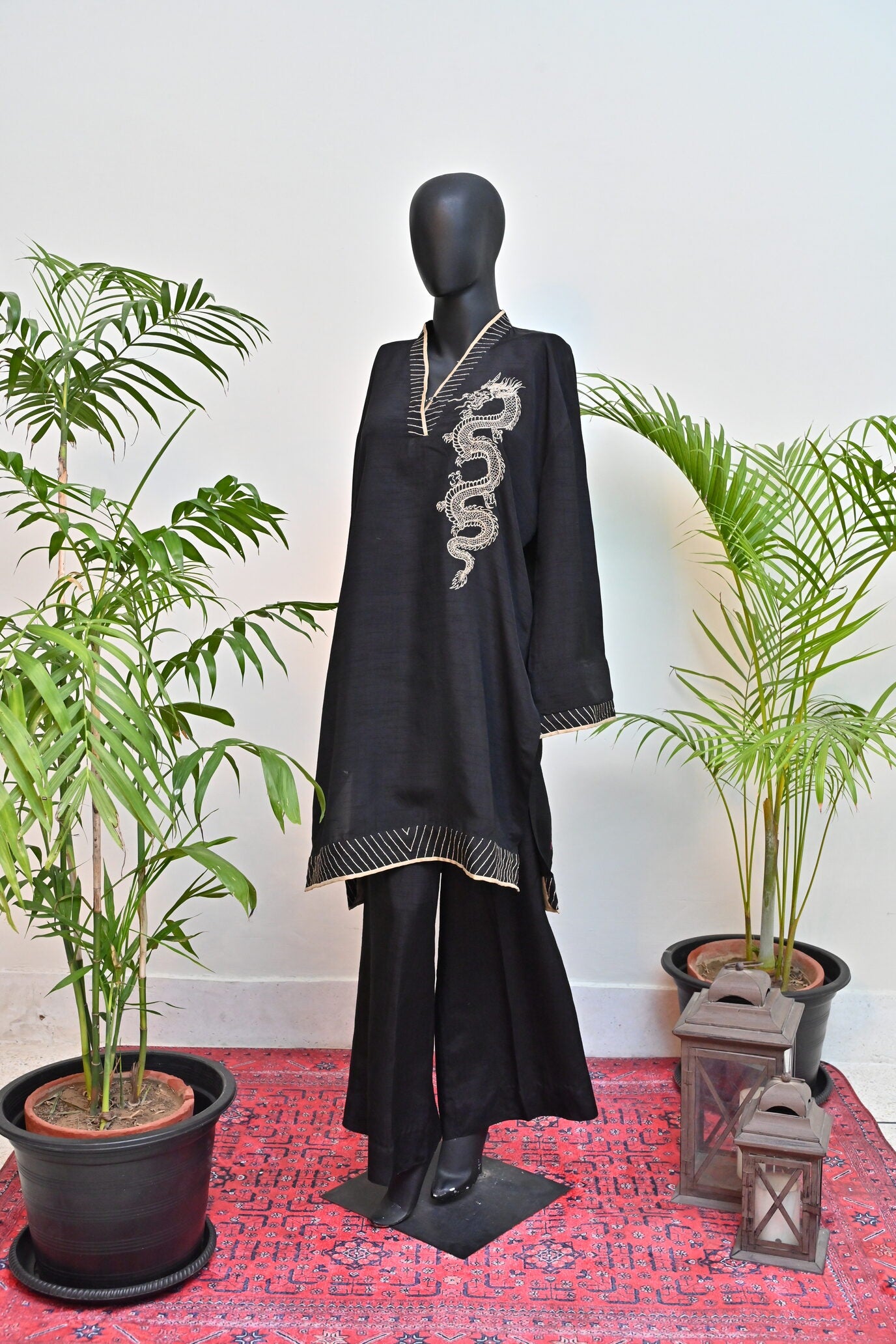 Black Silk outfit with Chinese dragon Motif