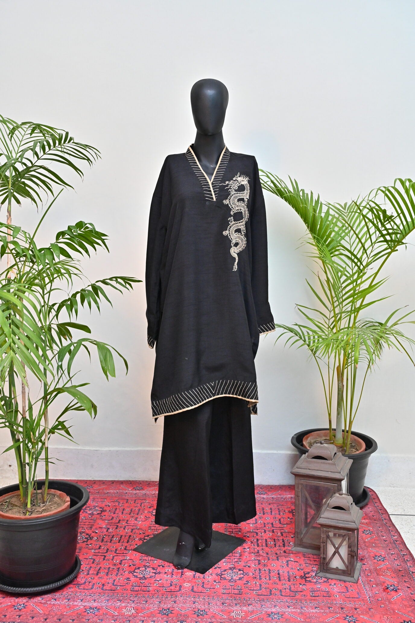 Black Silk outfit with Chinese dragon Motif
