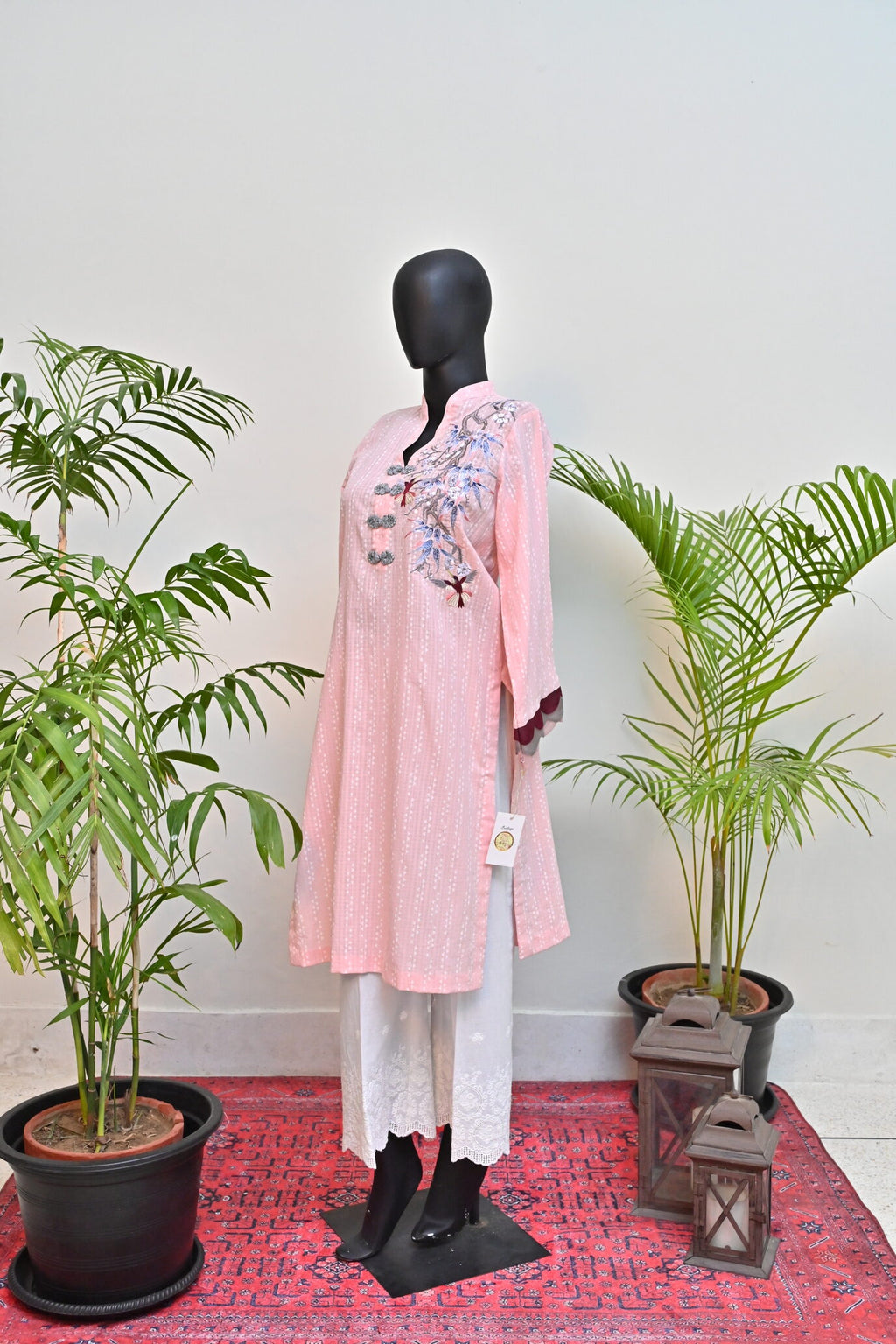 Soft Pink Embroidered Kurta with Floral Detail