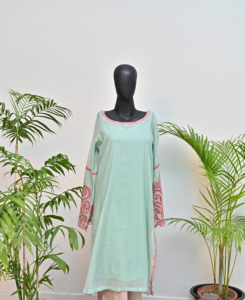 Mint Green Kurta with Pink Embroidery