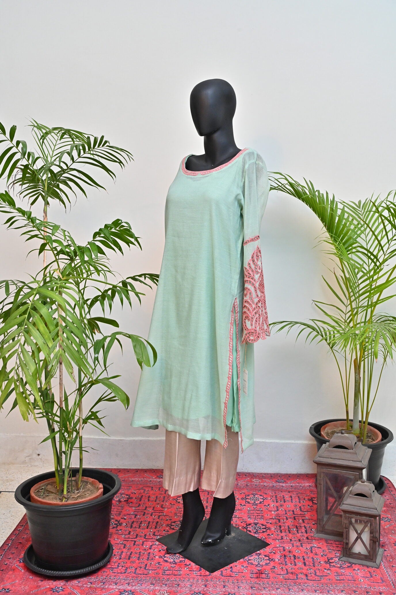 Mint Green Kurta with Pink Embroidery