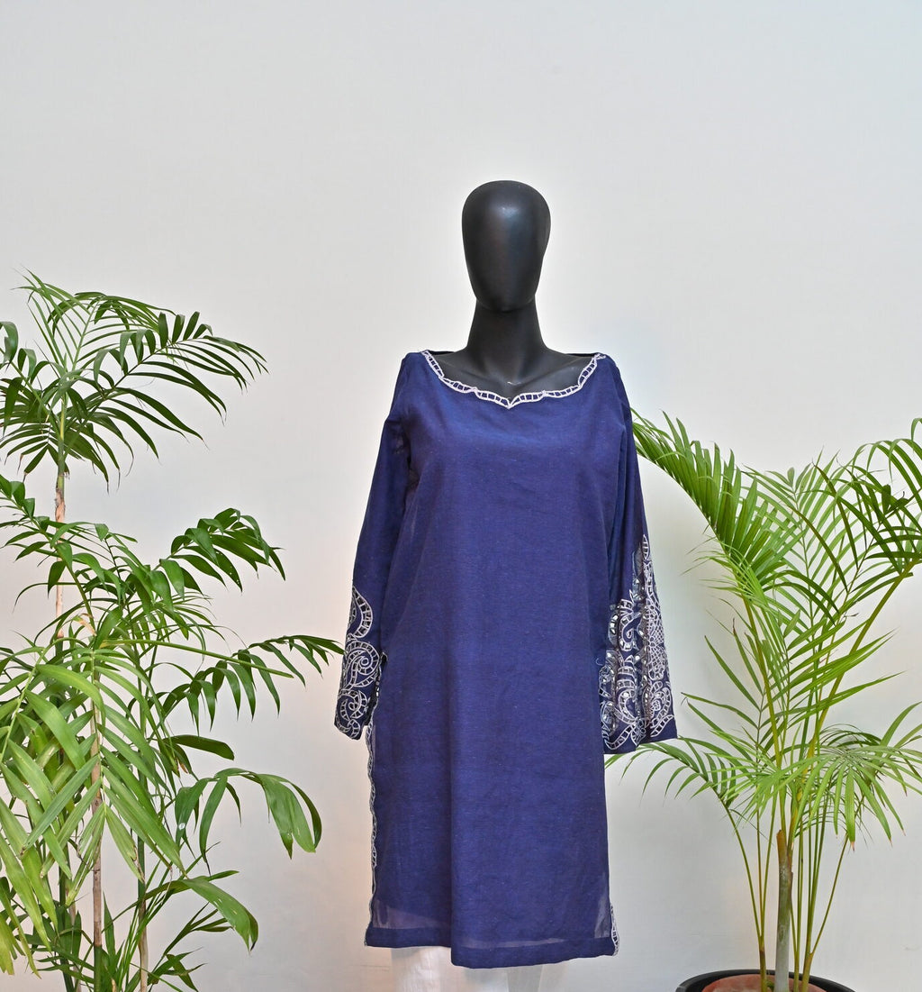 Royal Blue Kurta with Embroidered Sleeves