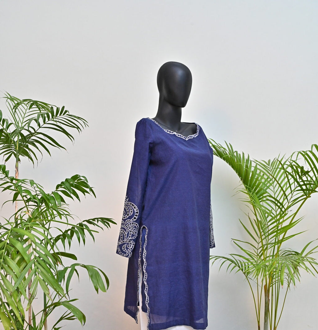 Royal Blue Kurta with Embroidered Sleeves