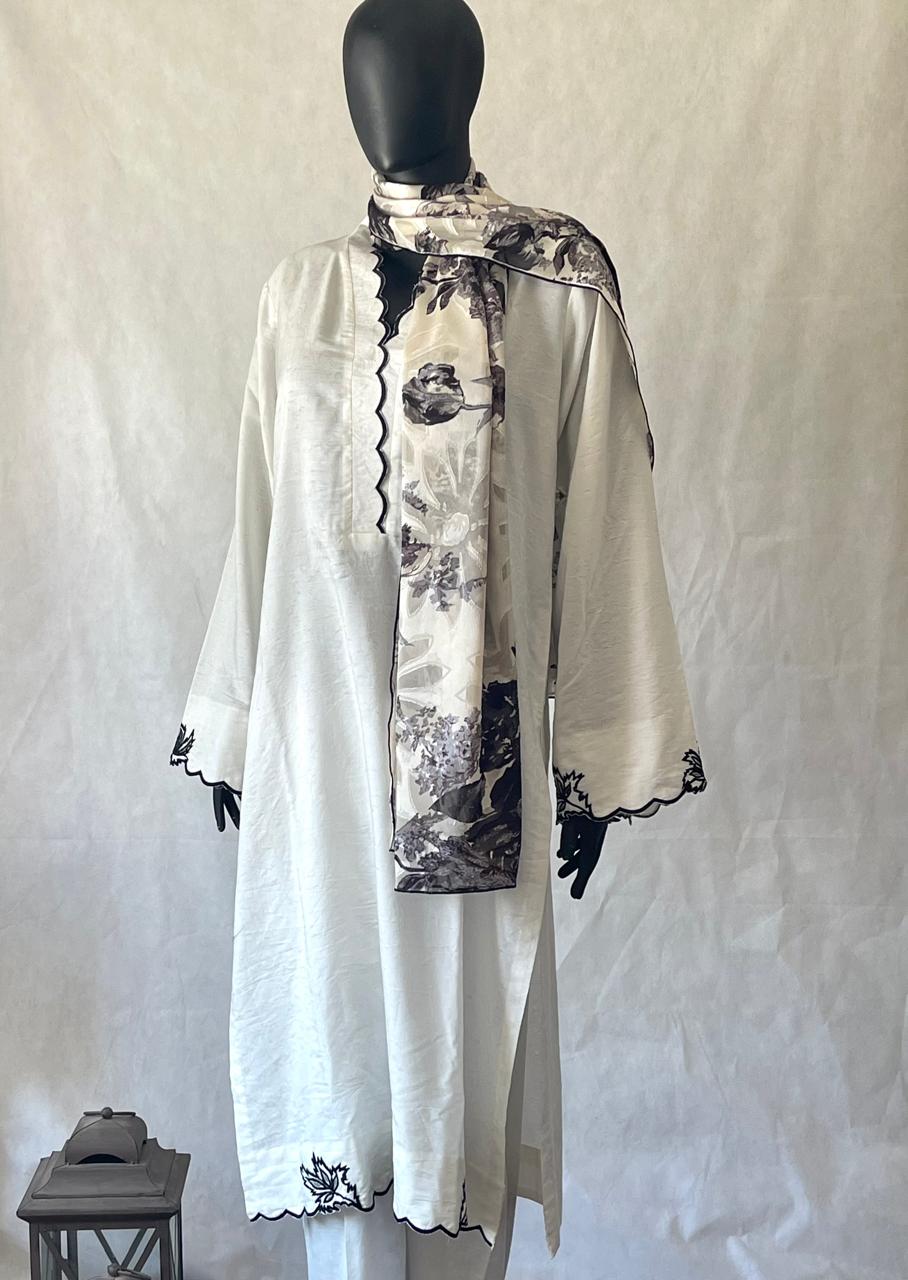 White three-piece outfit with Black Embroidery