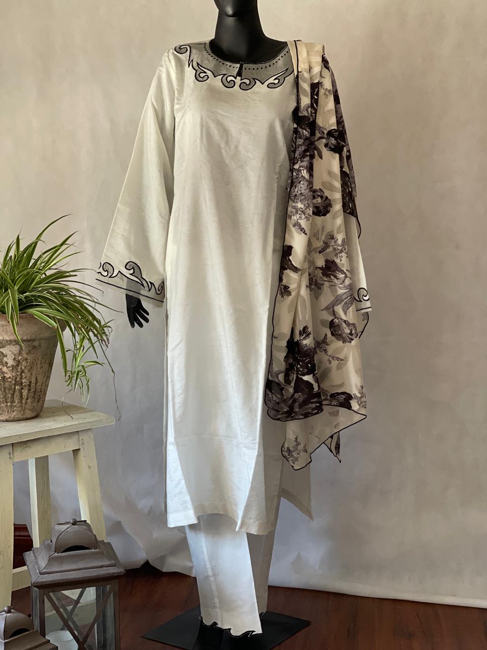 White three-piece outfit with Black Embroidery