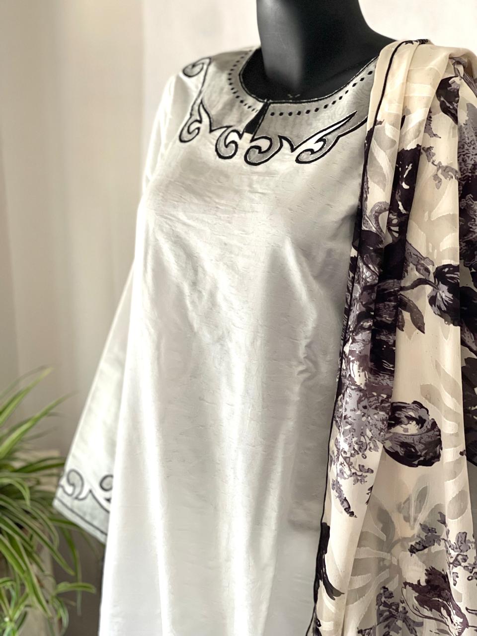 White three-piece outfit with Black Embroidery