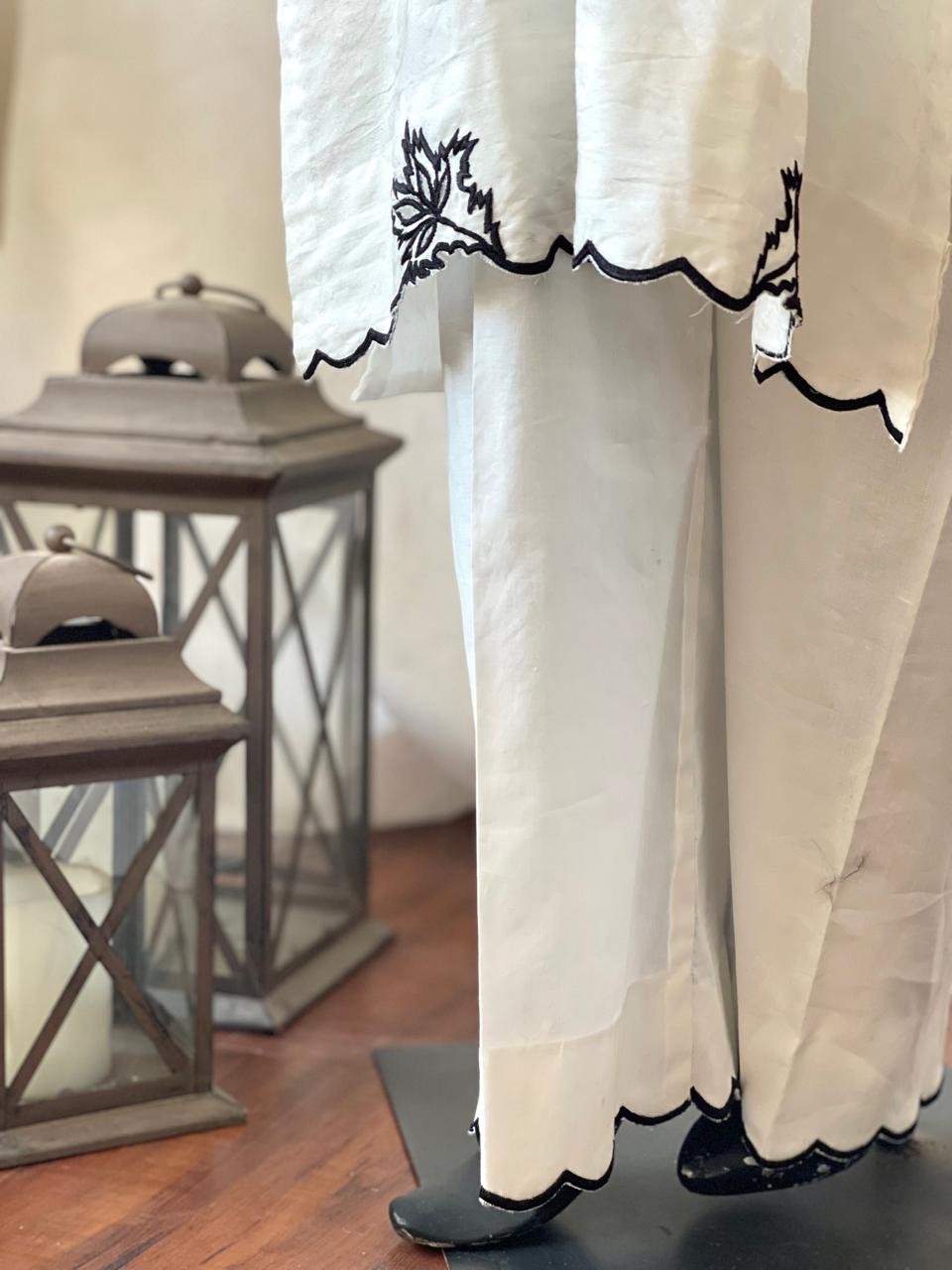 White three-piece outfit with Black Embroidery