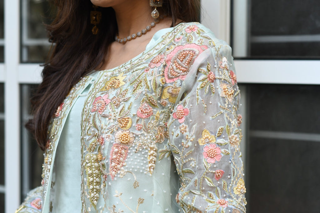 Mint Green Heavily Embroidered Organza Jacket Set – 3 Piece Formal Wear