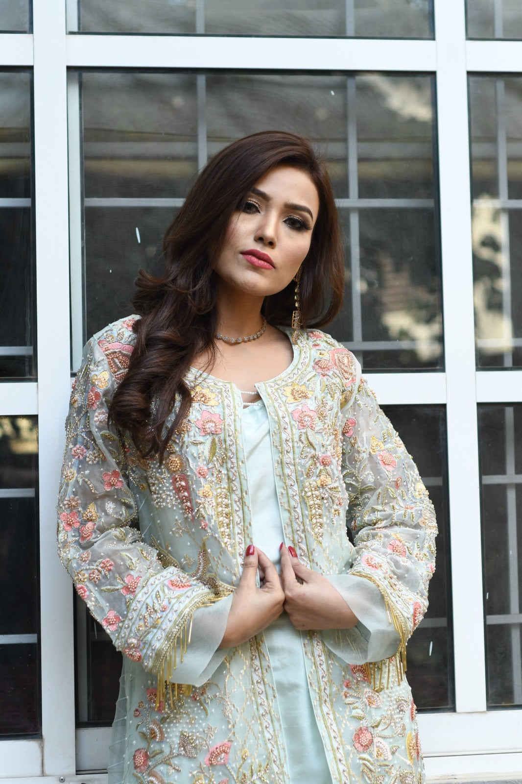 Mint Green Heavily Embroidered Organza Jacket Set – 3 Piece Formal Wear