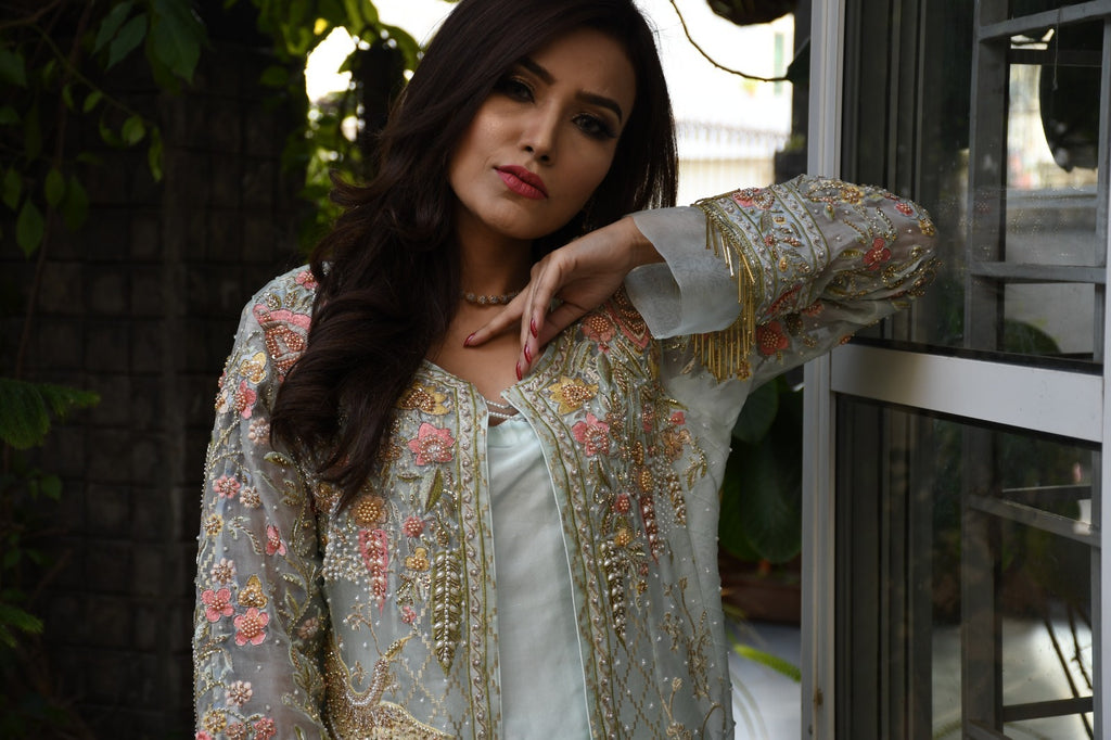 Mint Green Heavily Embroidered Organza Jacket Set – 3 Piece Formal Wear