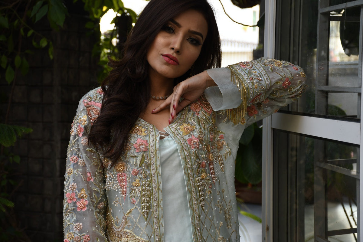 Mint Green Heavily Embroidered Organza Jacket Set – 3 Piece Formal Wear