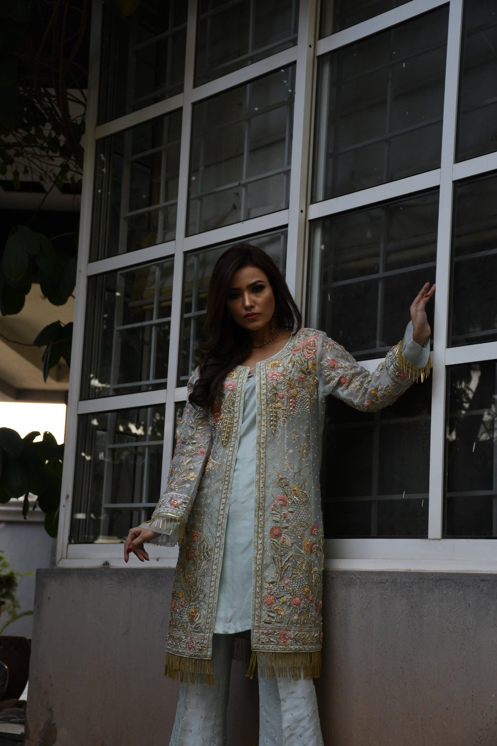Mint Green Heavily Embroidered Organza Jacket Set – 3 Piece Formal Wear
