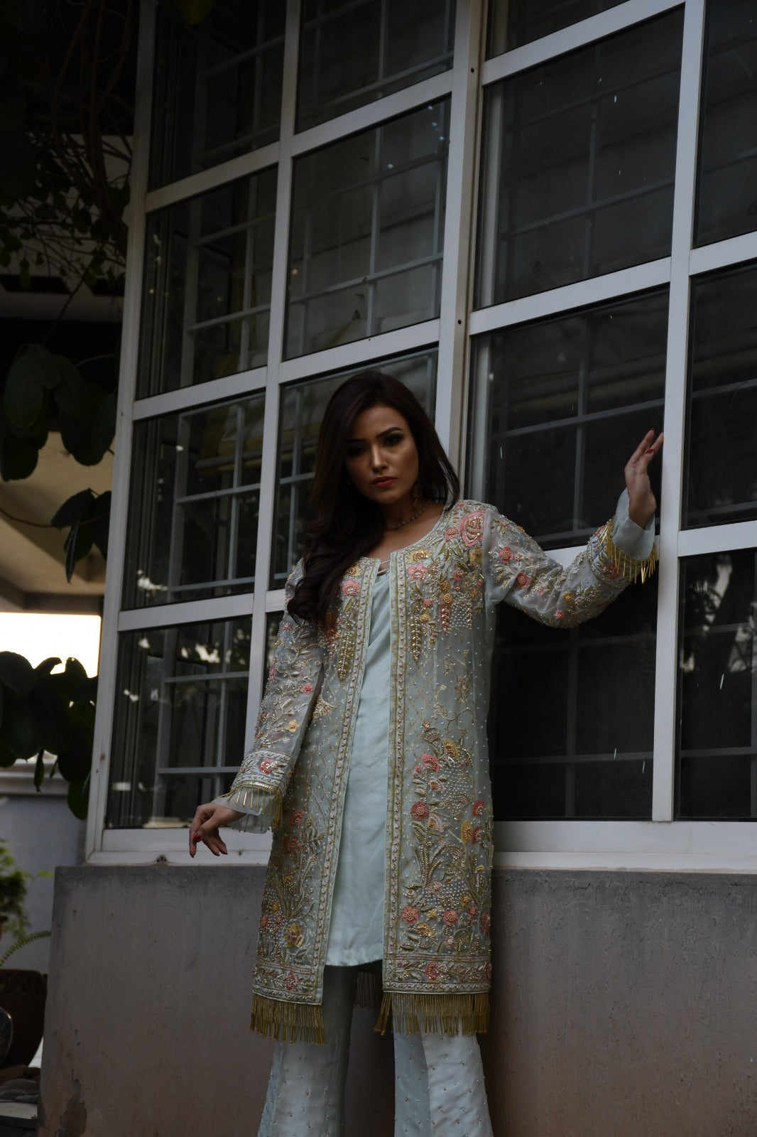 Mint Green Heavily Embroidered Organza Jacket Set – 3 Piece Formal Wear