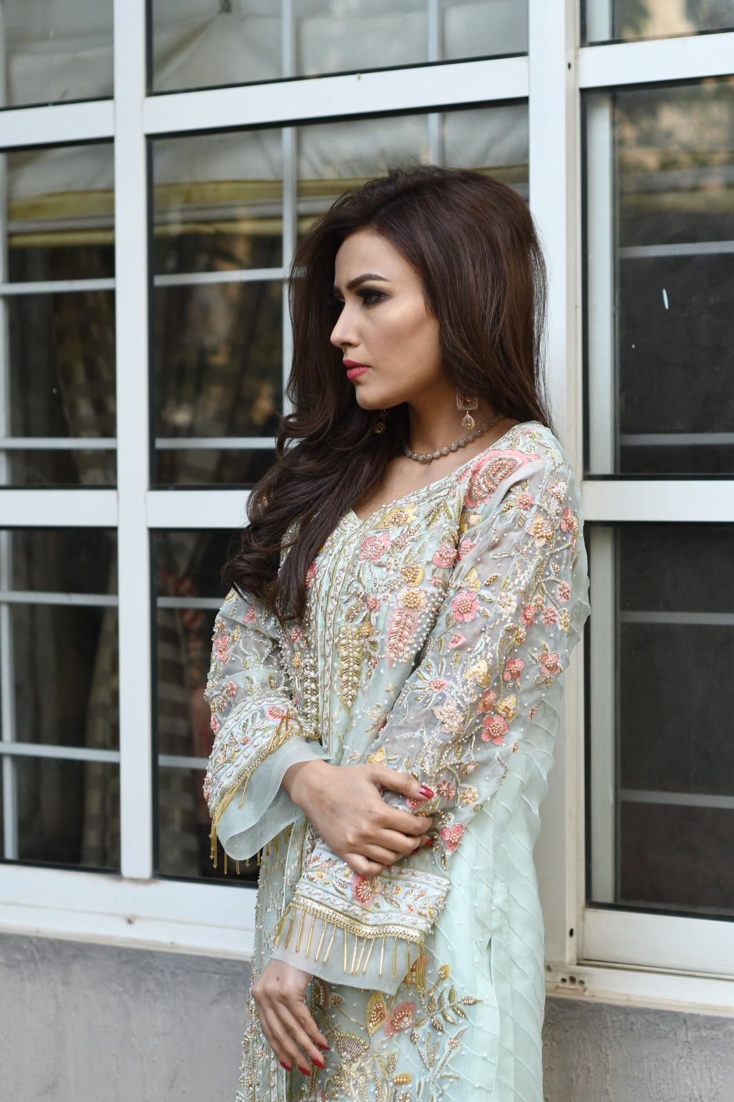 Mint Green Heavily Embroidered Organza Jacket Set – 3 Piece Formal Wear