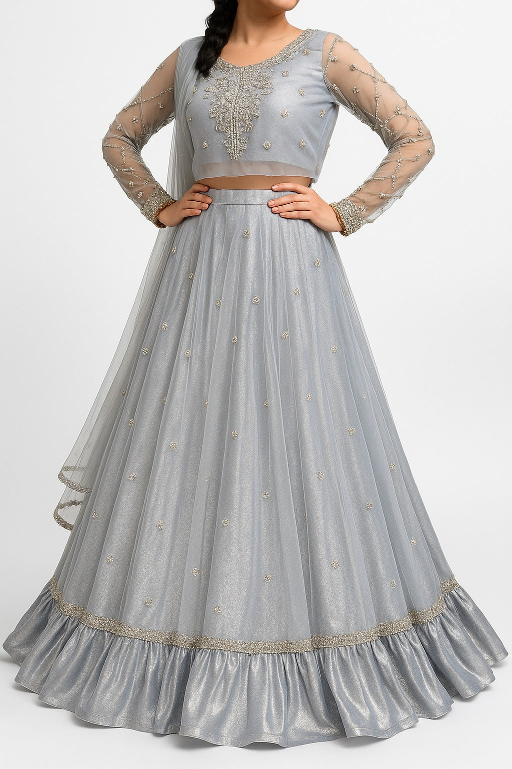 Silver Grey Mirror & Sequined Hand-Embroidered Crop Top Lehenga Set