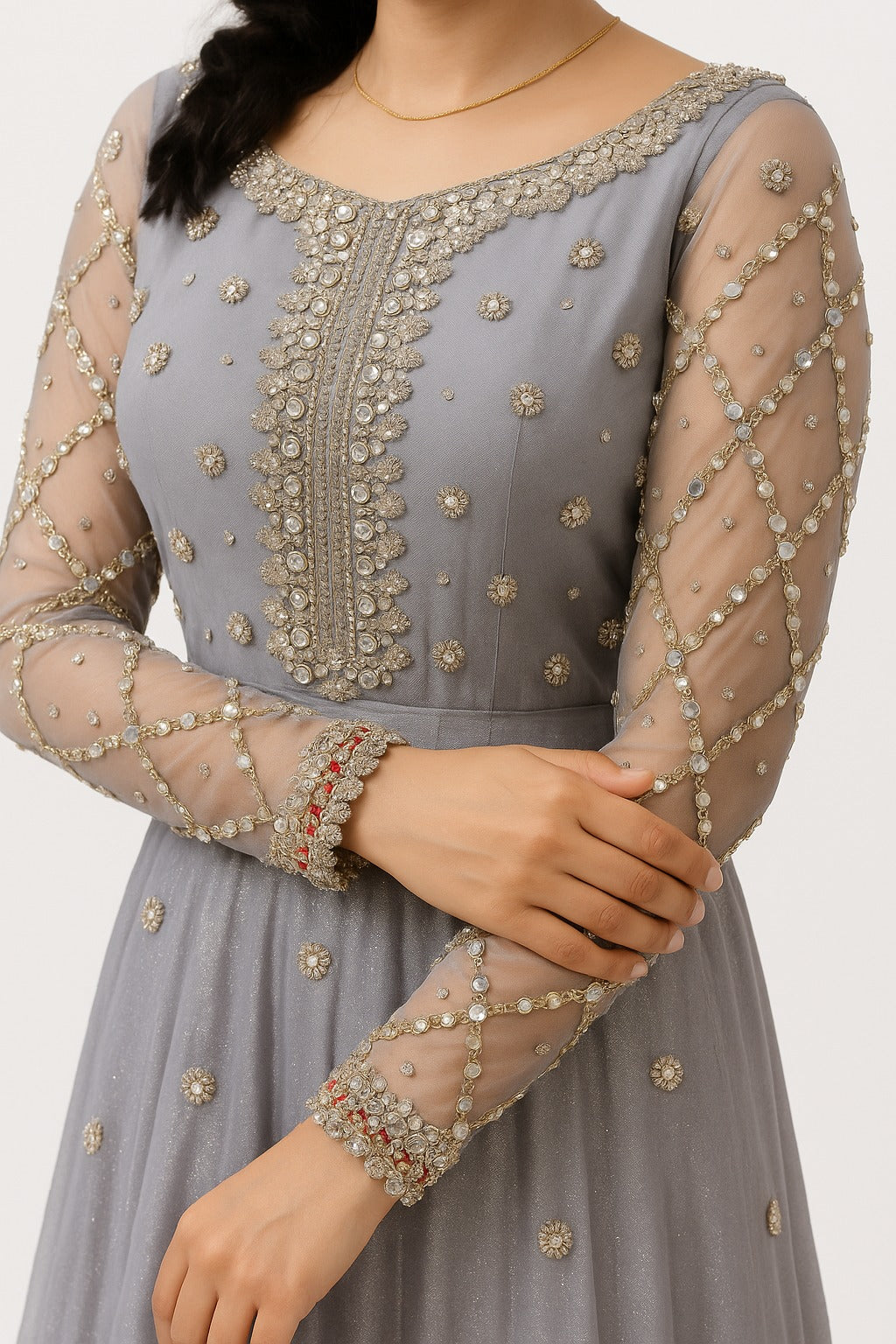 Silver Grey Mirror & Sequined Hand-Embroidered Crop Top Lehenga Set