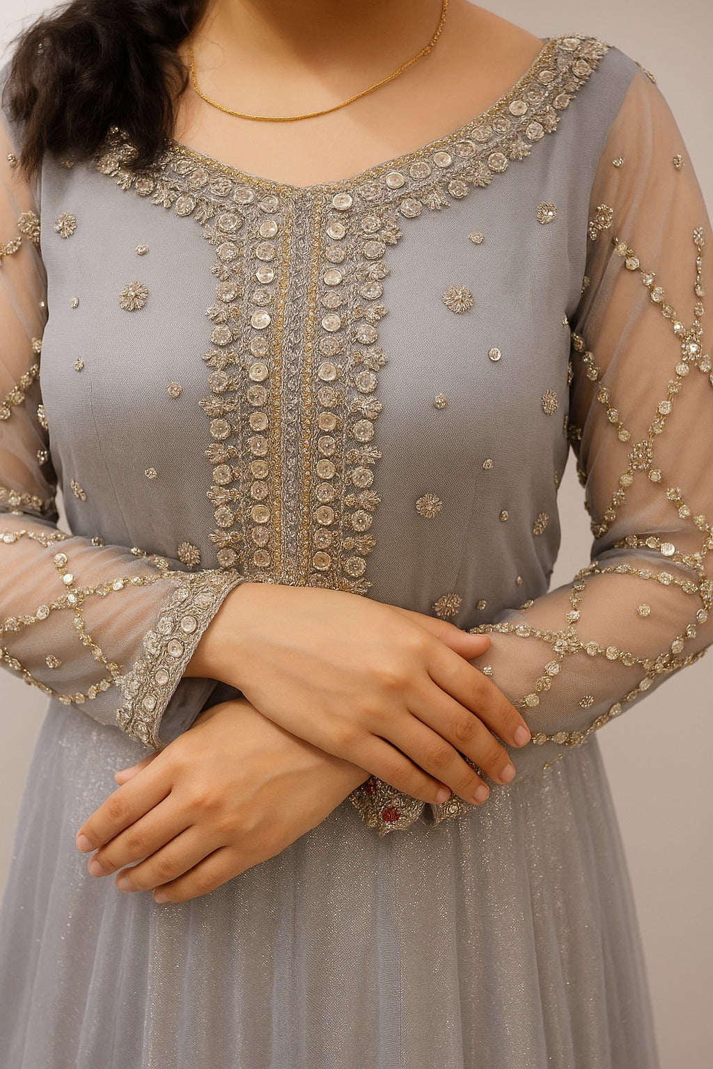 Silver Grey Mirror & Sequined Hand-Embroidered Crop Top Lehenga Set