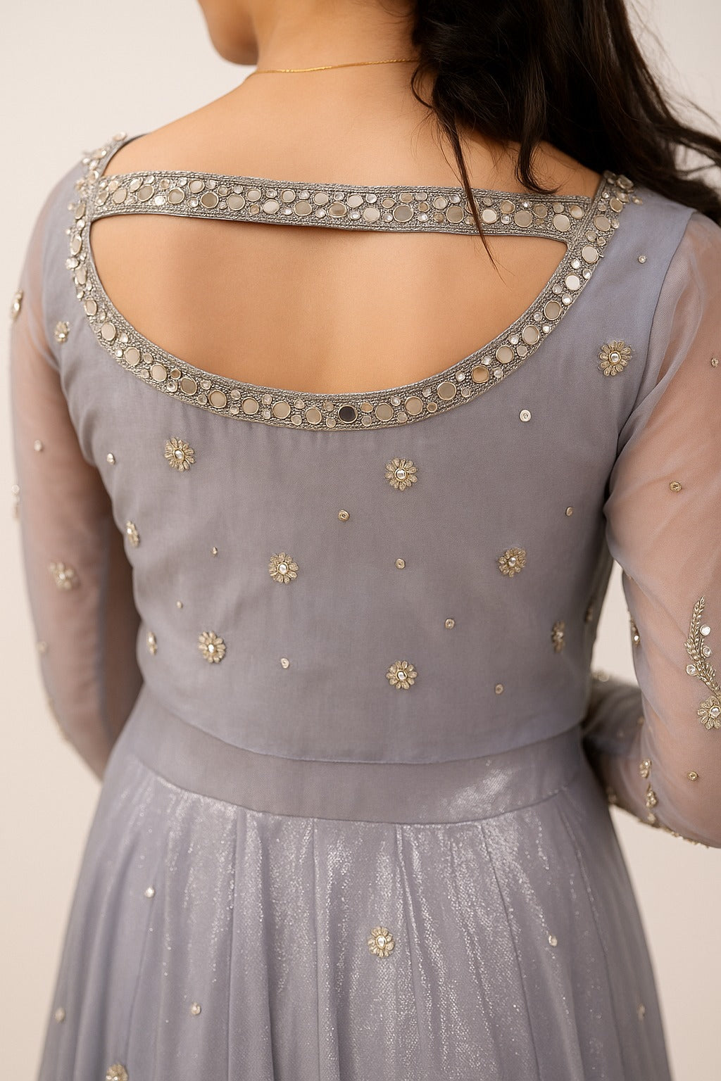 Silver Grey Mirror & Sequined Hand-Embroidered Crop Top Lehenga Set