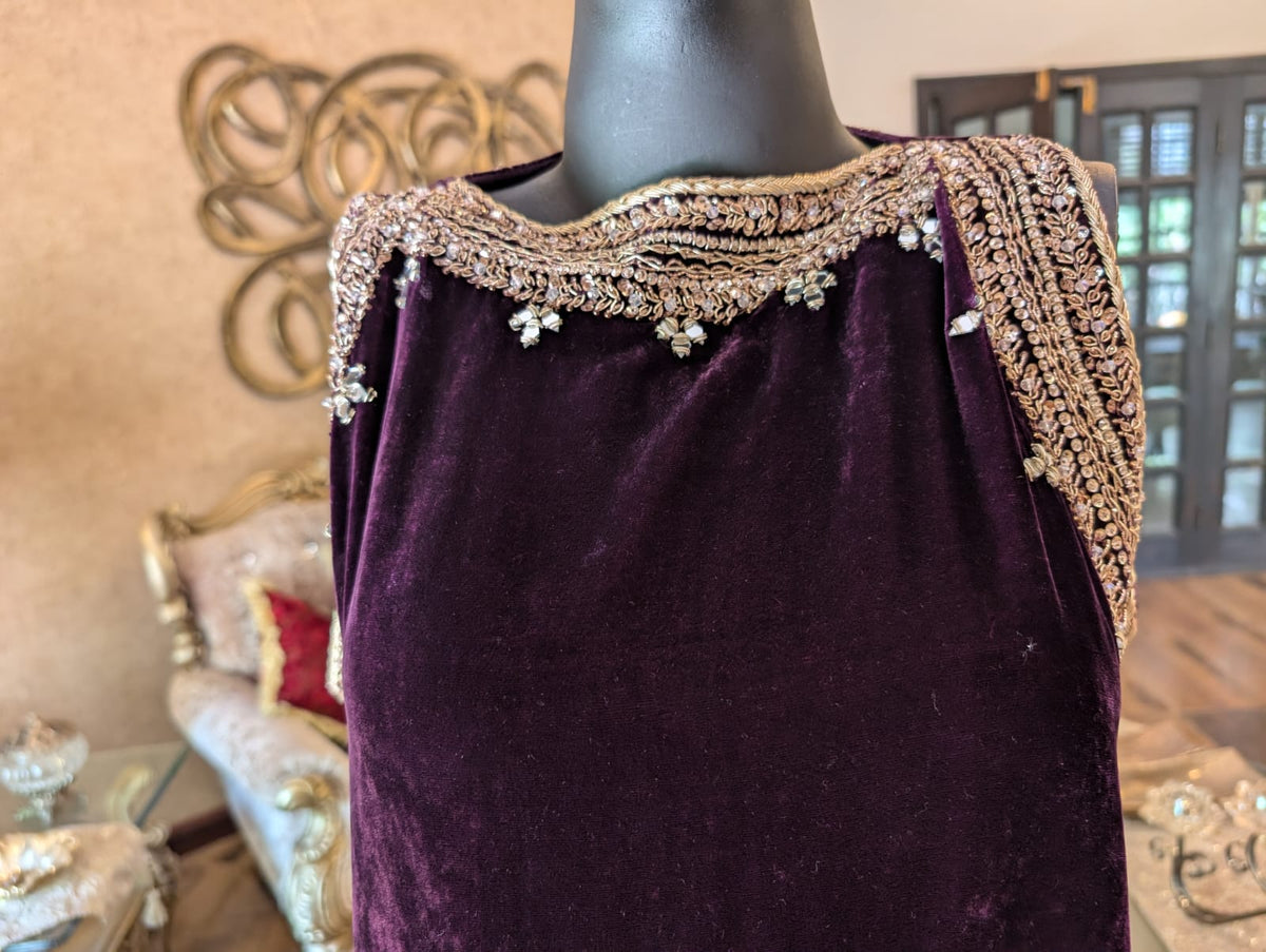 Women Deep Purple Plush Velvet Embellished Kaftan Kurta & Palazzo Set – Formal Party Wear Outfit