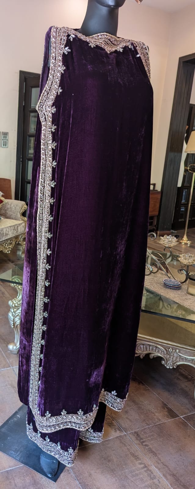 Women Deep Purple Plush Velvet Embellished Kaftan Kurta & Palazzo Set – Formal Party Wear Outfit