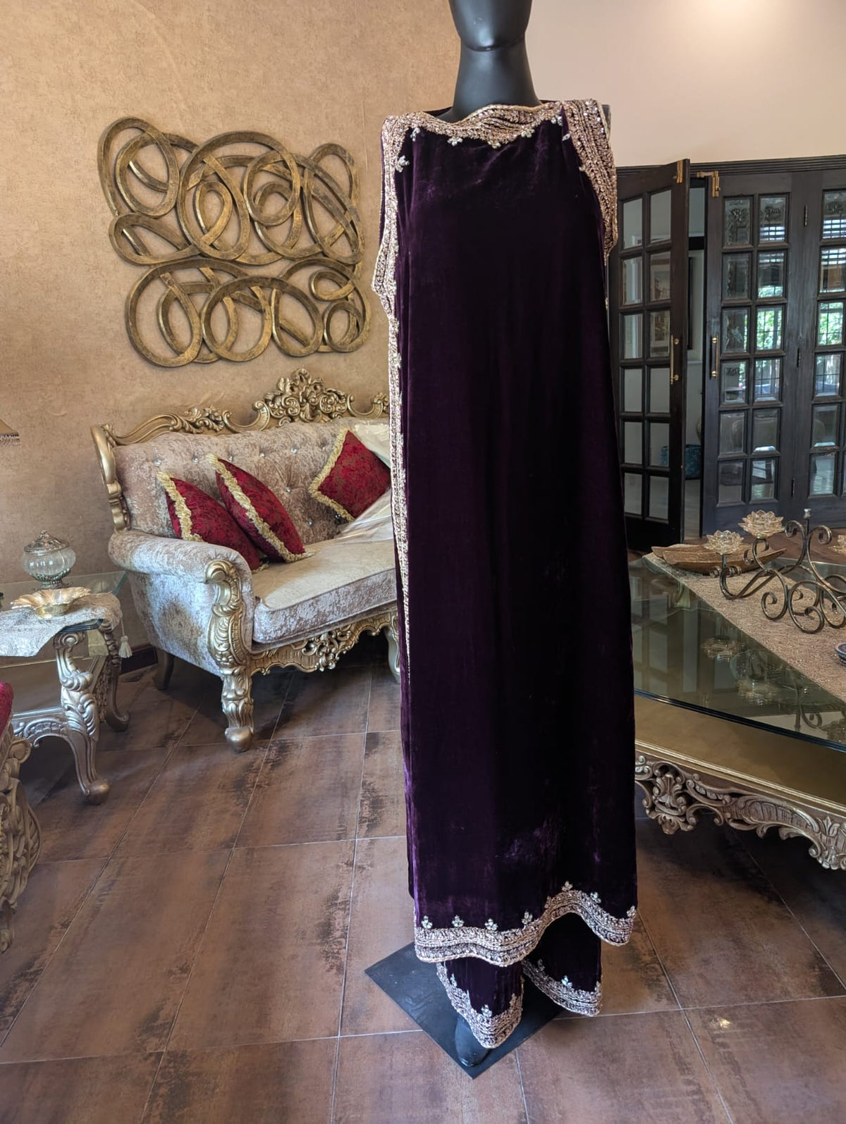 Women Deep Purple Plush Velvet Embellished Kaftan Kurta & Palazzo Set – Formal Party Wear Outfit