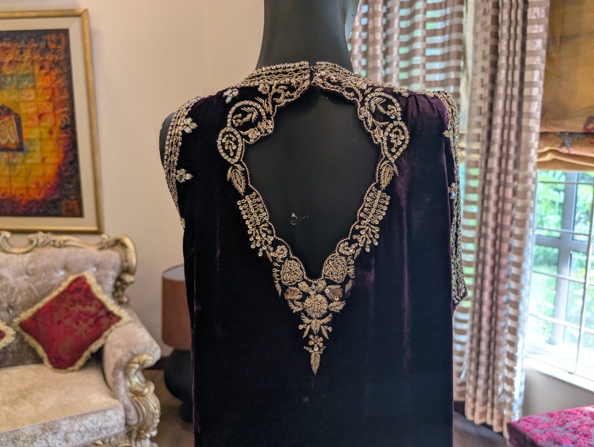 Women Deep Purple Plush Velvet Embellished Kaftan Kurta & Palazzo Set – Formal Party Wear Outfit