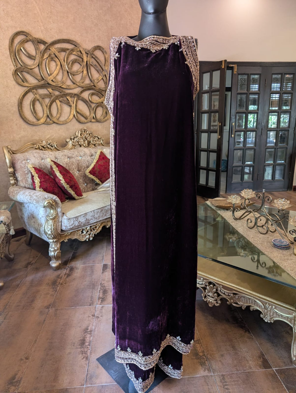 Women Deep Purple Plush Velvet Embellished Kaftan Kurta & Palazzo Set – Formal Party Wear Outfit