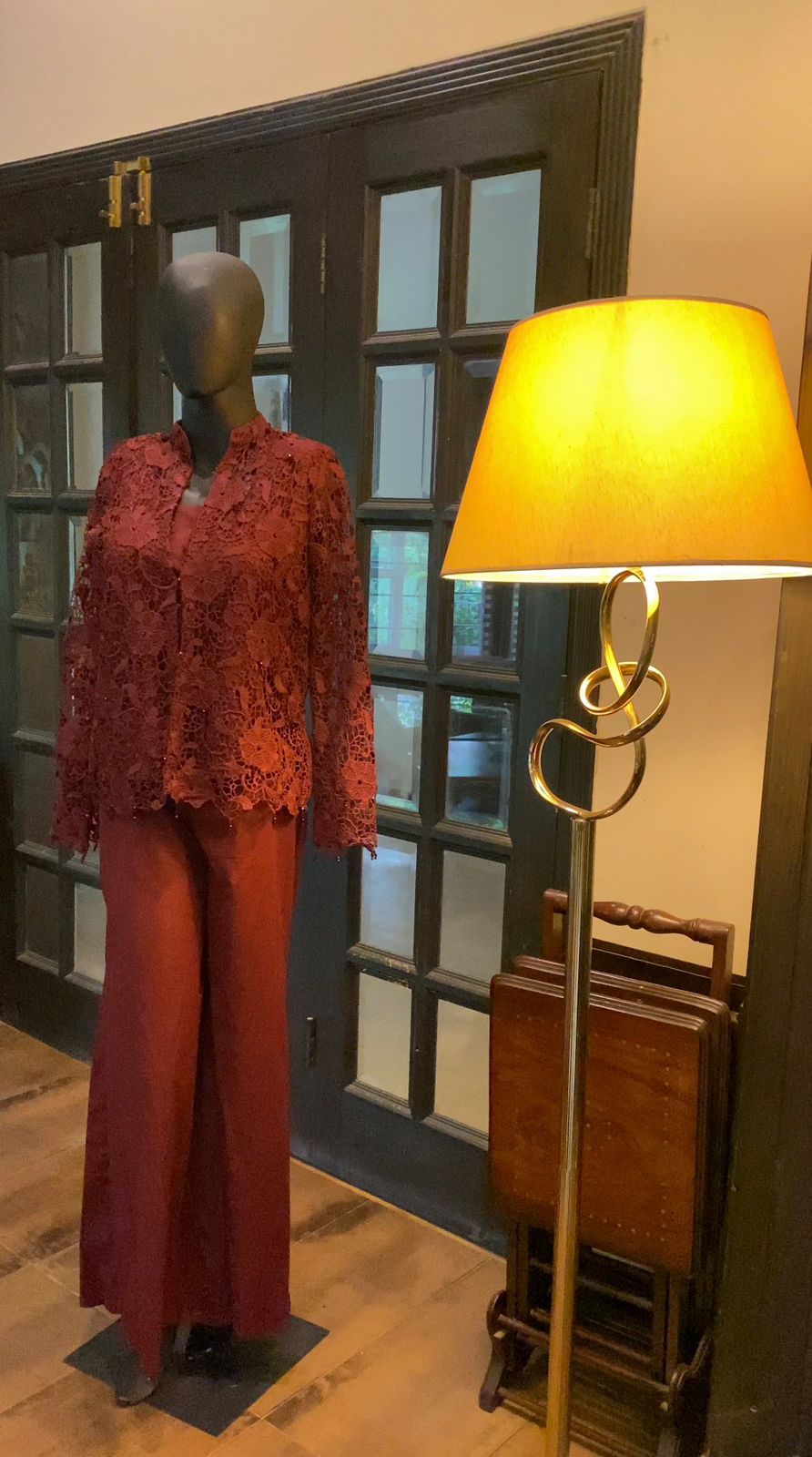 Maroon Cutwork Lace Top & Straight Pants Luxury Evening Set