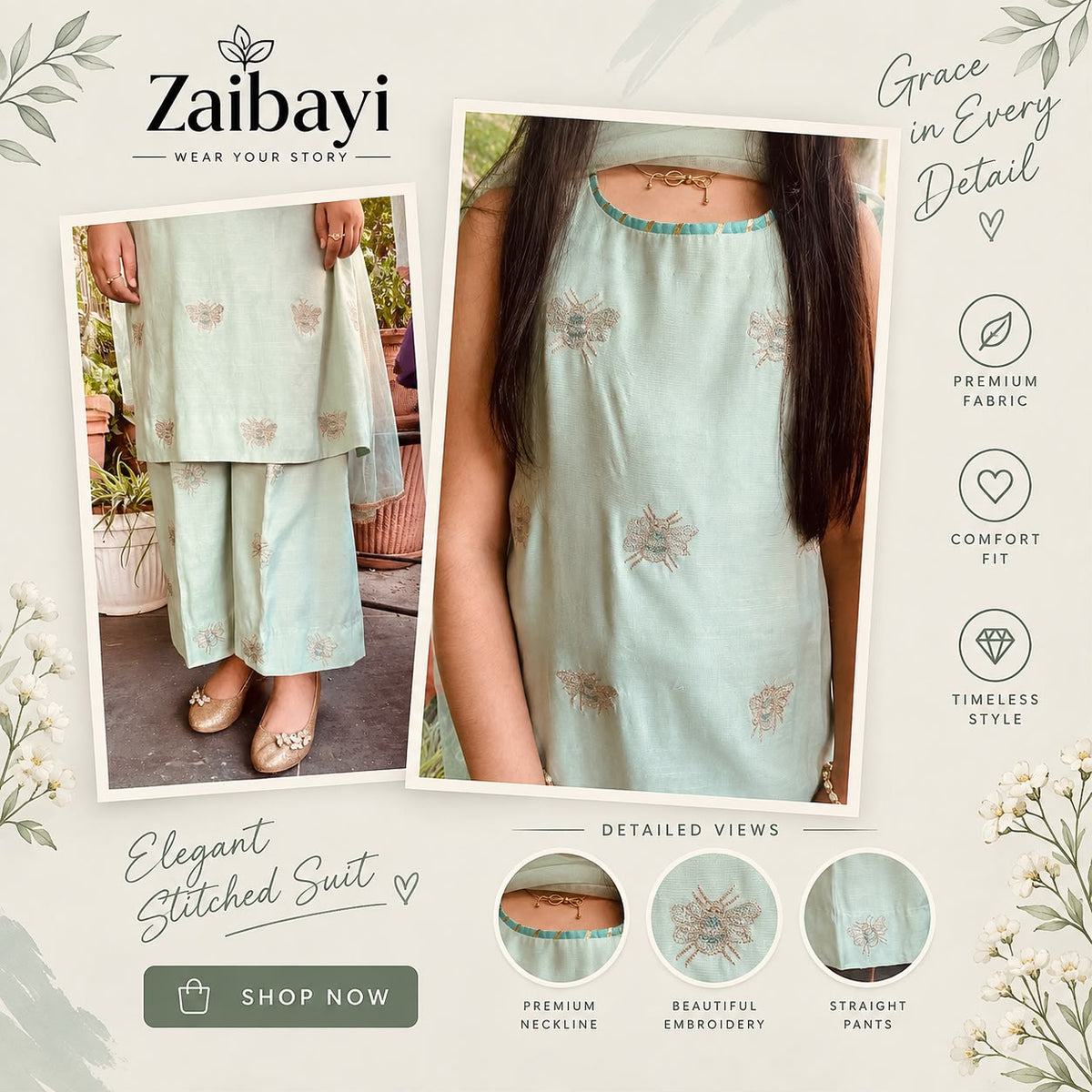 Girls Mint Green Stitched Suit – Embroidered Kurta with Straight Pants & Dupatta