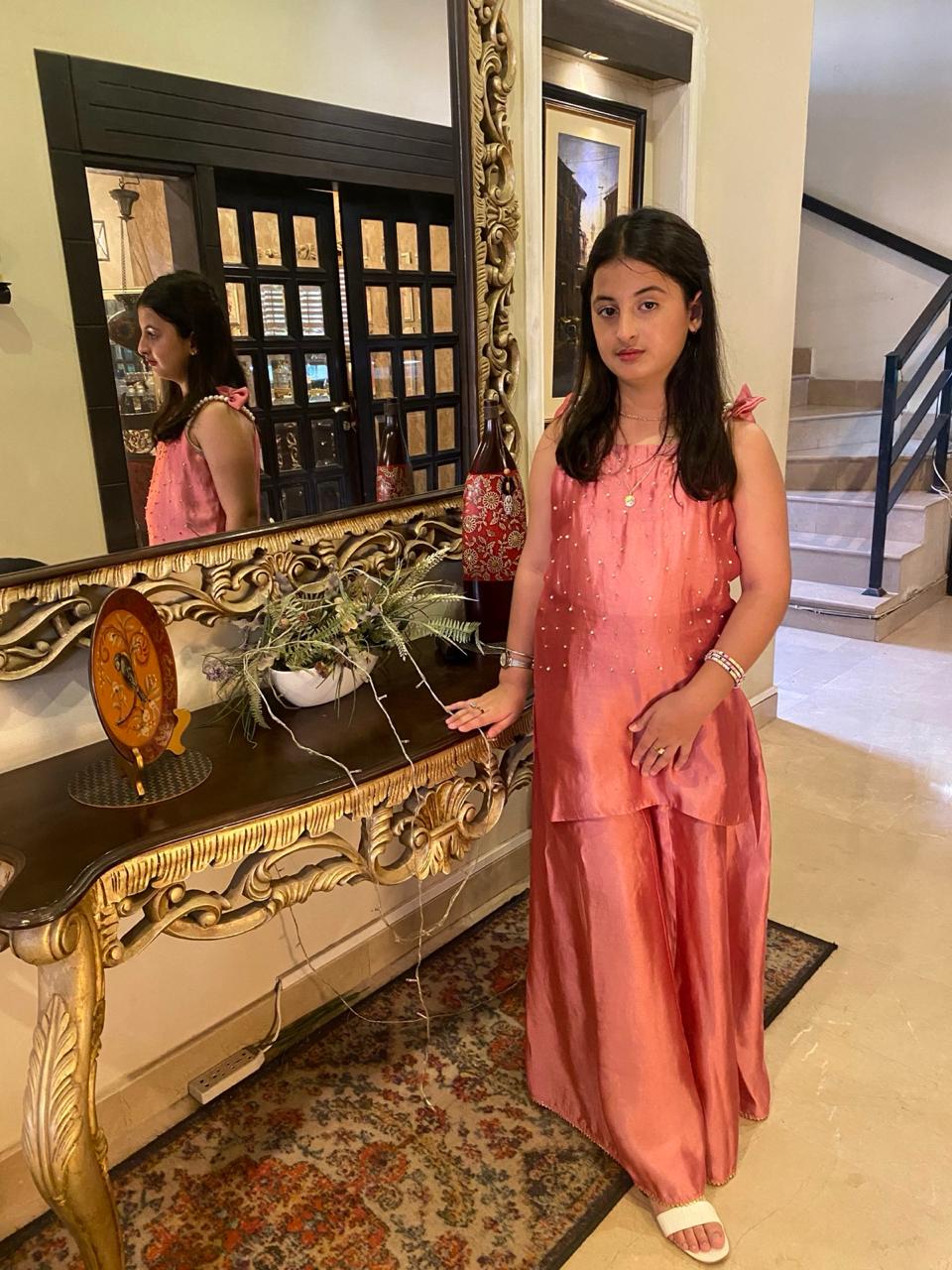 Girls Rose Pink Raw Silk Co-ord Set – Pearl Embellished Top with Tie-Up Straps & Wide-Leg Sharara Pants