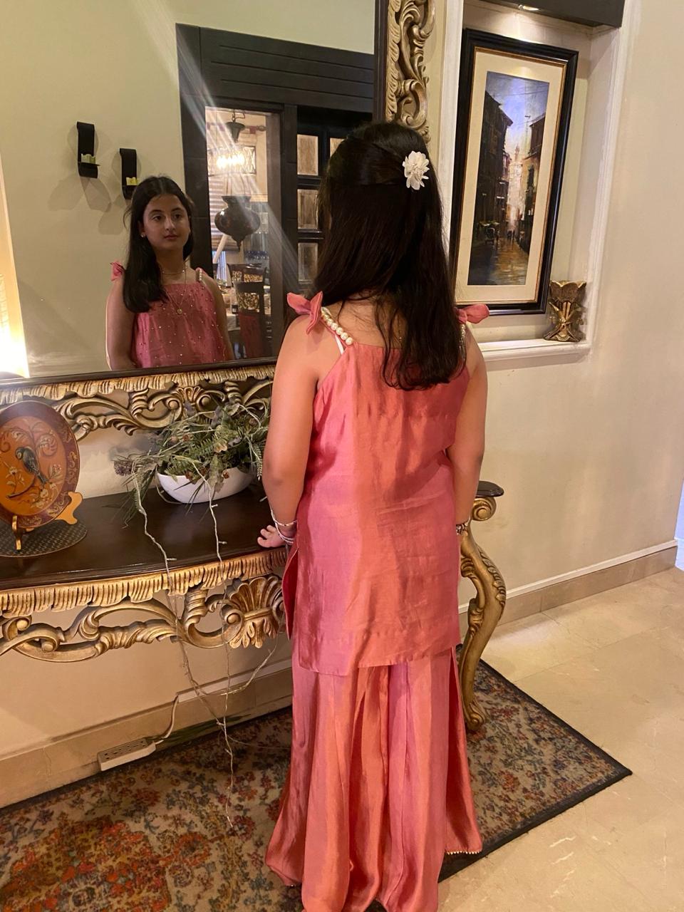 Girls Rose Pink Raw Silk Co-ord Set – Pearl Embellished Top with Tie-Up Straps & Wide-Leg Sharara Pants