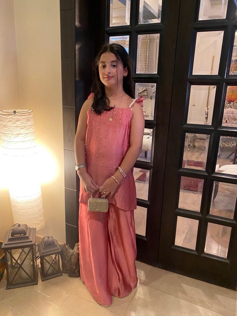 Girls Rose Pink Raw Silk Co-ord Set – Pearl Embellished Top with Tie-Up Straps & Wide-Leg Sharara Pants