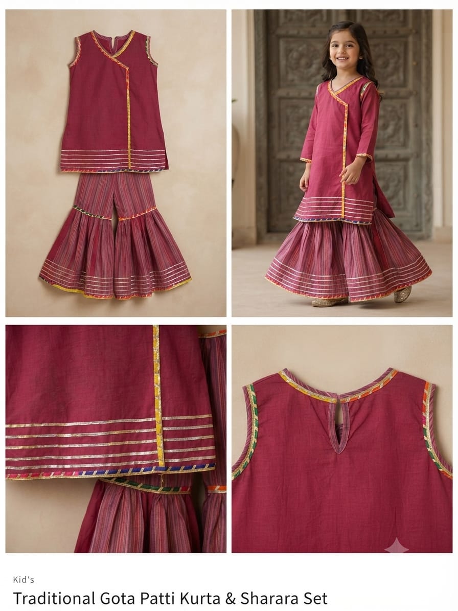 Girls Maroon Traditional Gota Patti Kurta & Sharara Set – Angrakha Style Festive Outfit